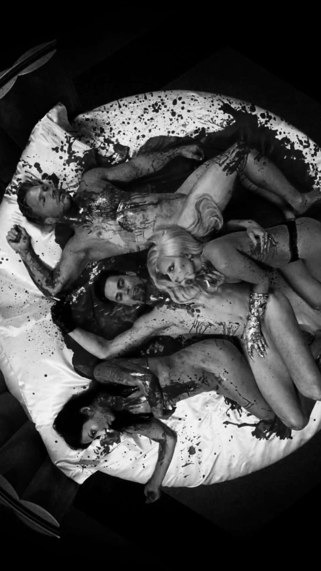Spooky iPhone, black and white photo, splattered white bed, Full HD Phone Wallpaper