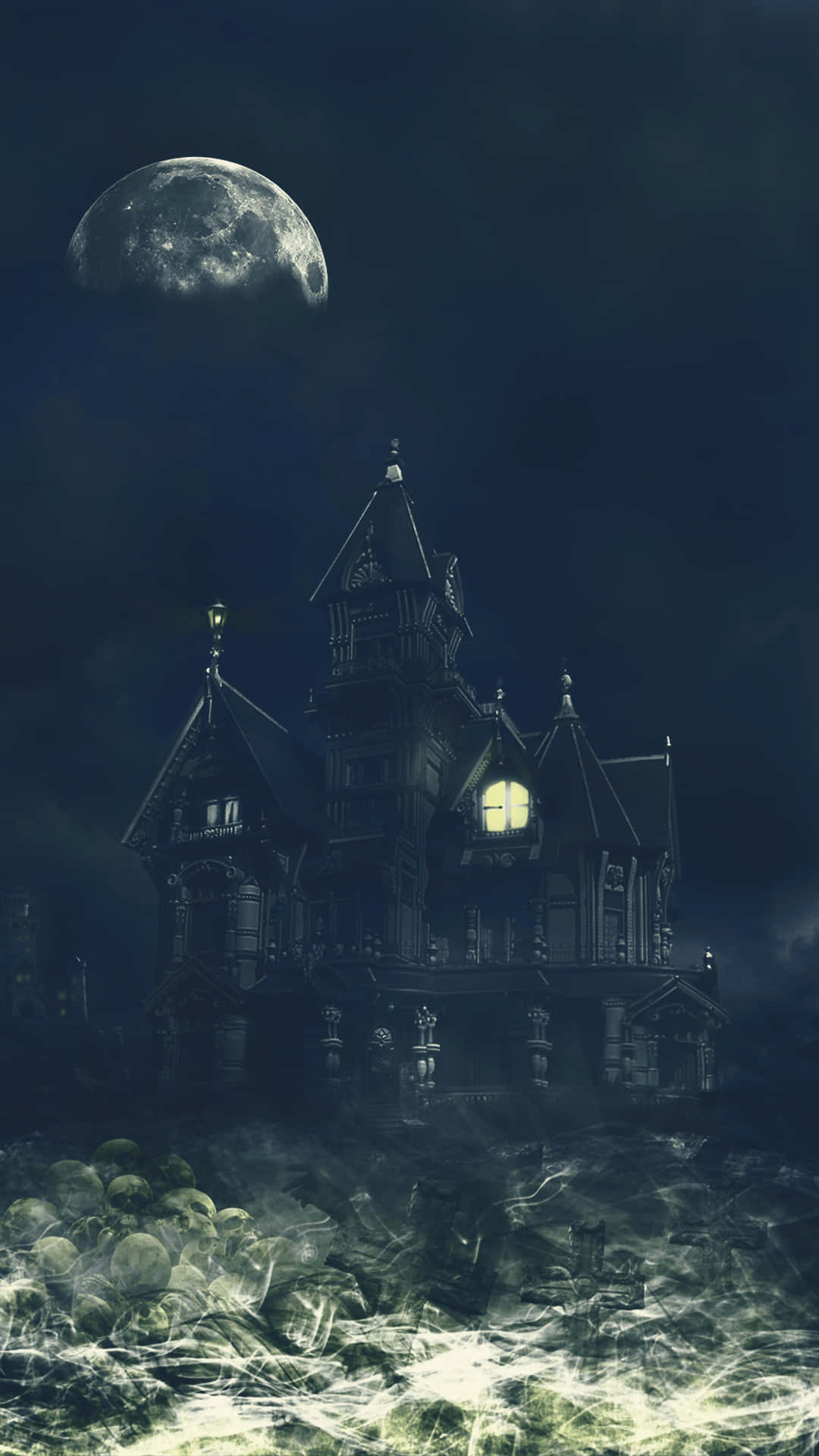 spooky iPhone, gothic mansion, full moon, Full HD Phone Wallpaper