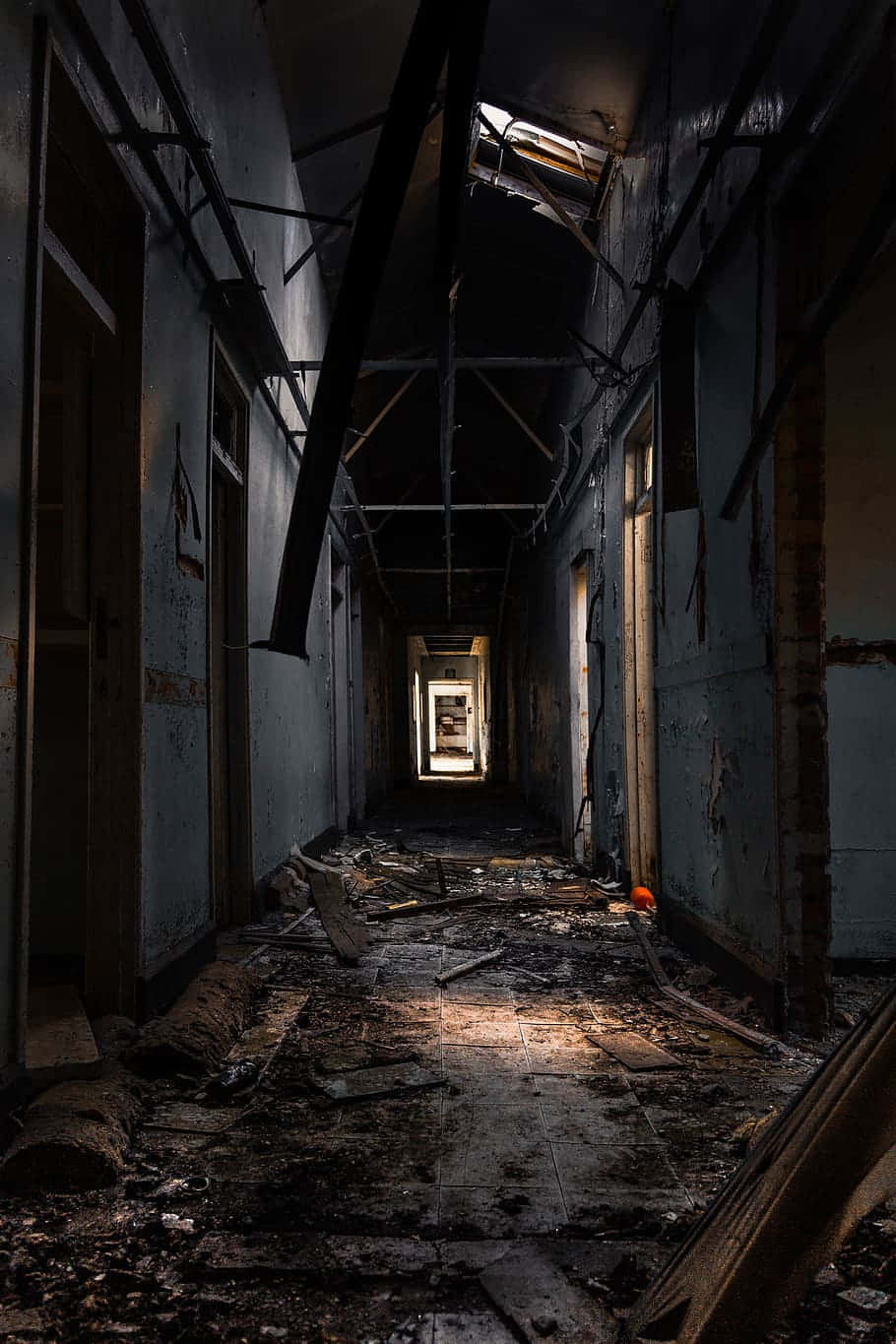 Spooky iPhone, abandoned hallway, collapsed ceiling beams, HD Phone Wallpaper