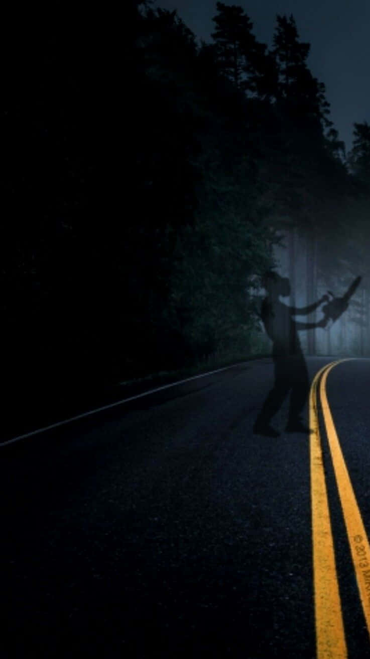 Spooky iPhone, chainsaw, foggy dark road, HD Phone Wallpaper