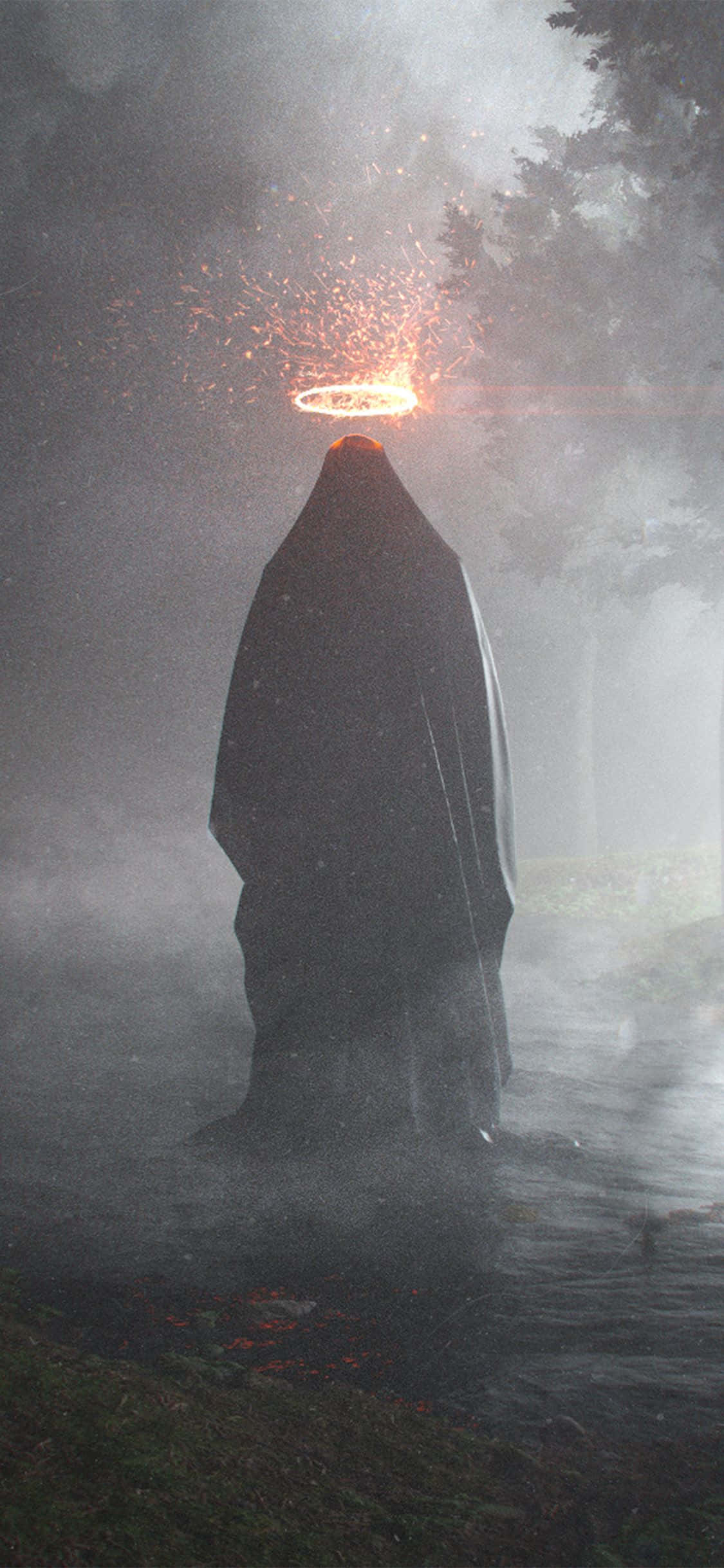Spooky iPhone, cloaked figure, misty forest, Full HD Phone Wallpaper