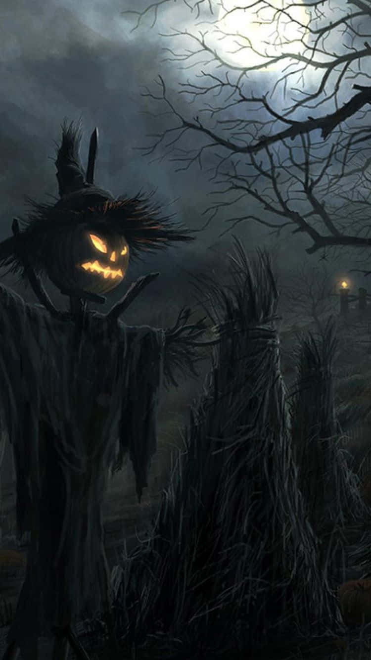 jack-o'-lantern scarecrow, misty graveyard, full moon, HD Phone Wallpaper