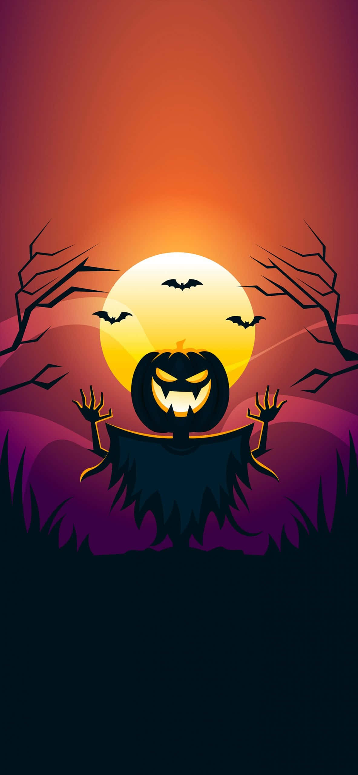 Spooky iPhone, jack-o'-lantern, glowing eyes, 2K Phone Wallpaper