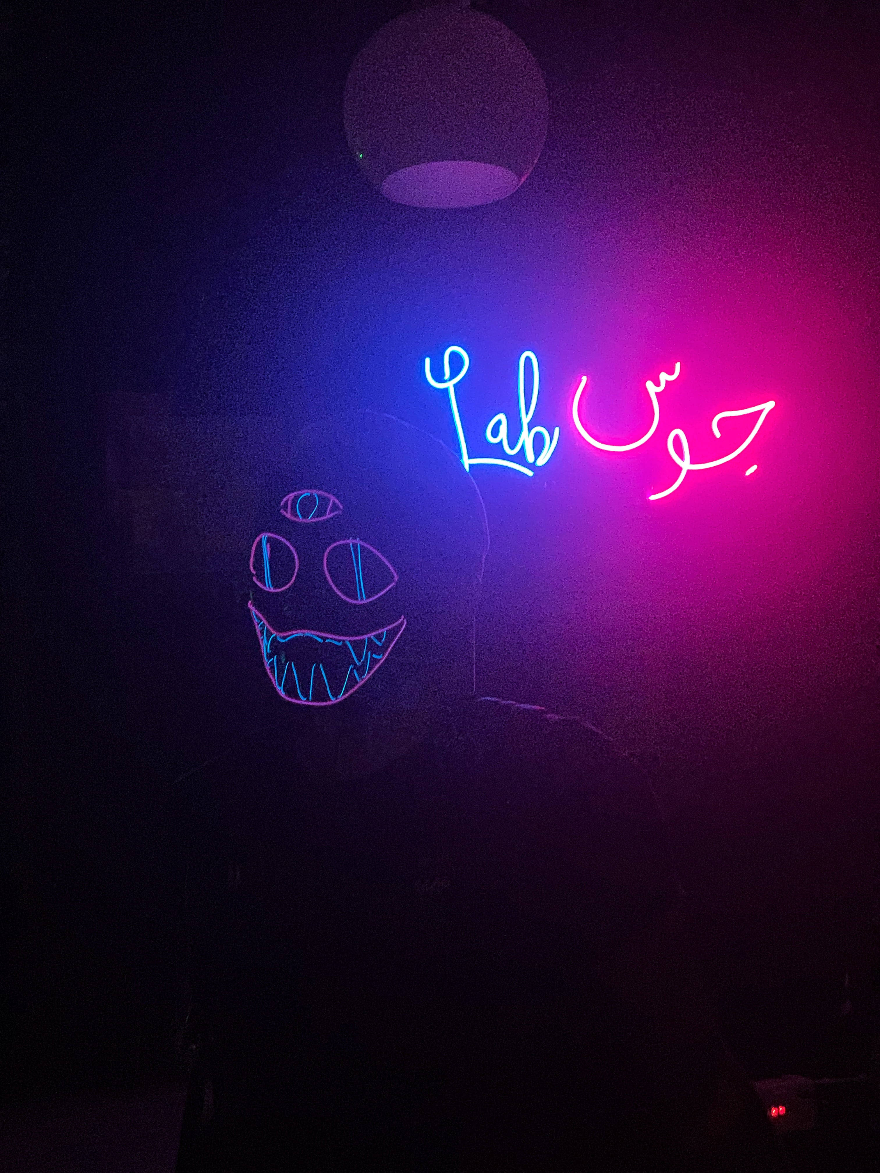 neon mask, hanging lamp, Lab, 4K Phone Wallpaper