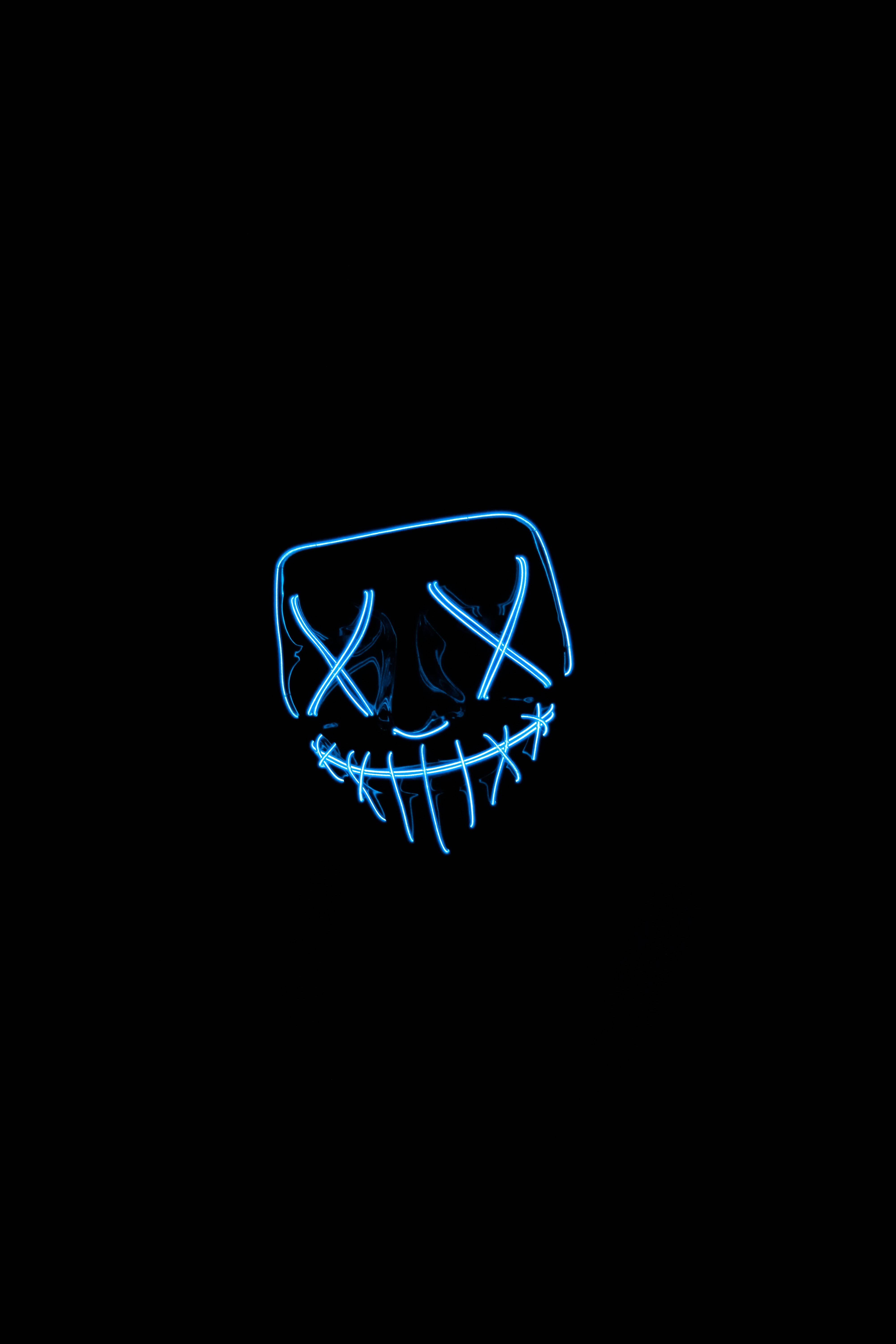 glowing blue neon mask, X eyes, stitched mouth, 5K Phone Wallpaper