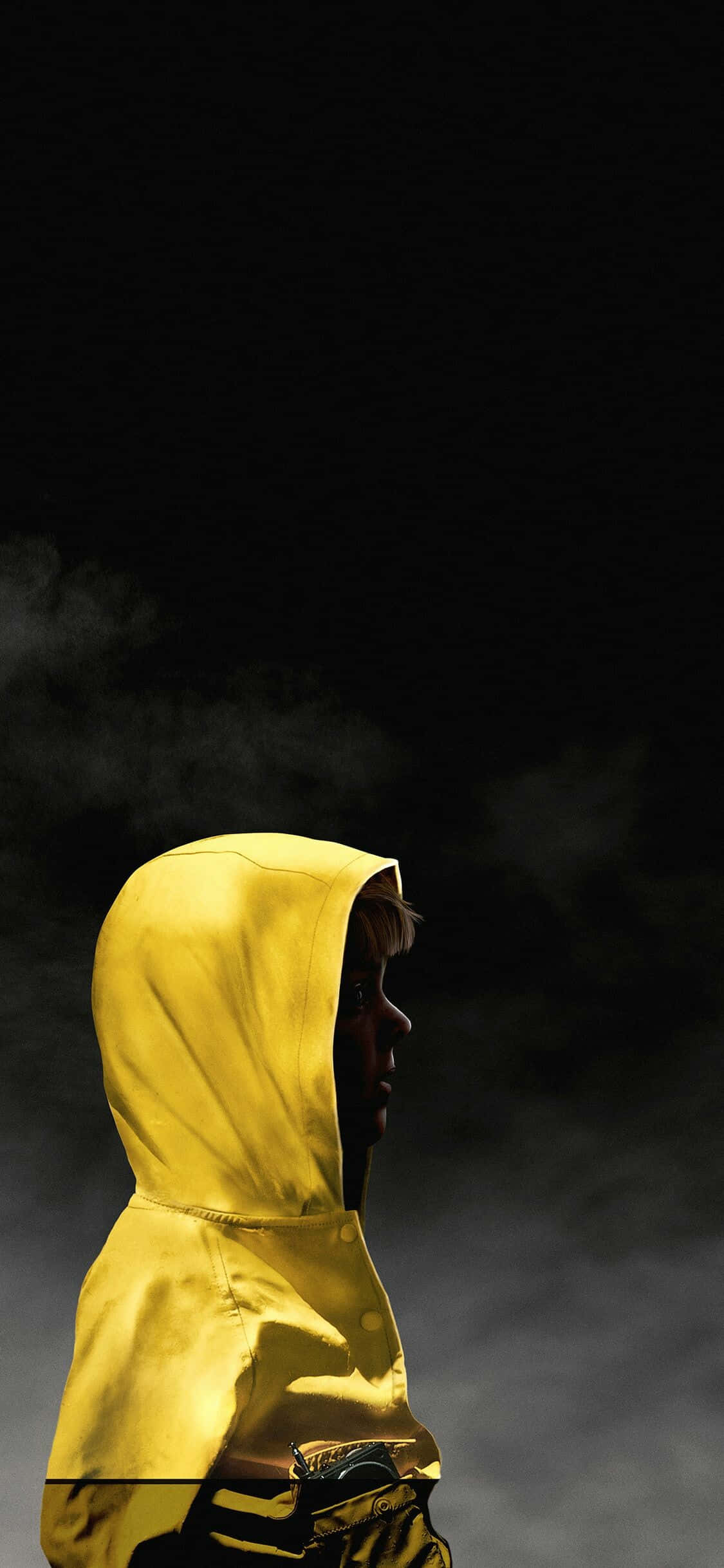 bright yellow hooded raincoat, silhouette, dark smoky background, Full HD Phone Wallpaper