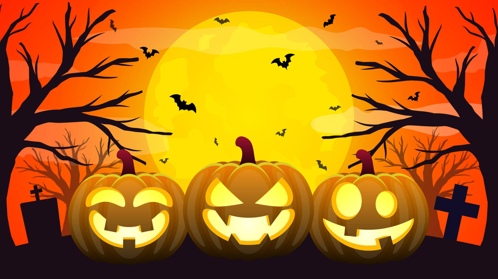 Spooky Season, jack-o'-lanterns, giant yellow moon, Full HD Desktop Wallpaper