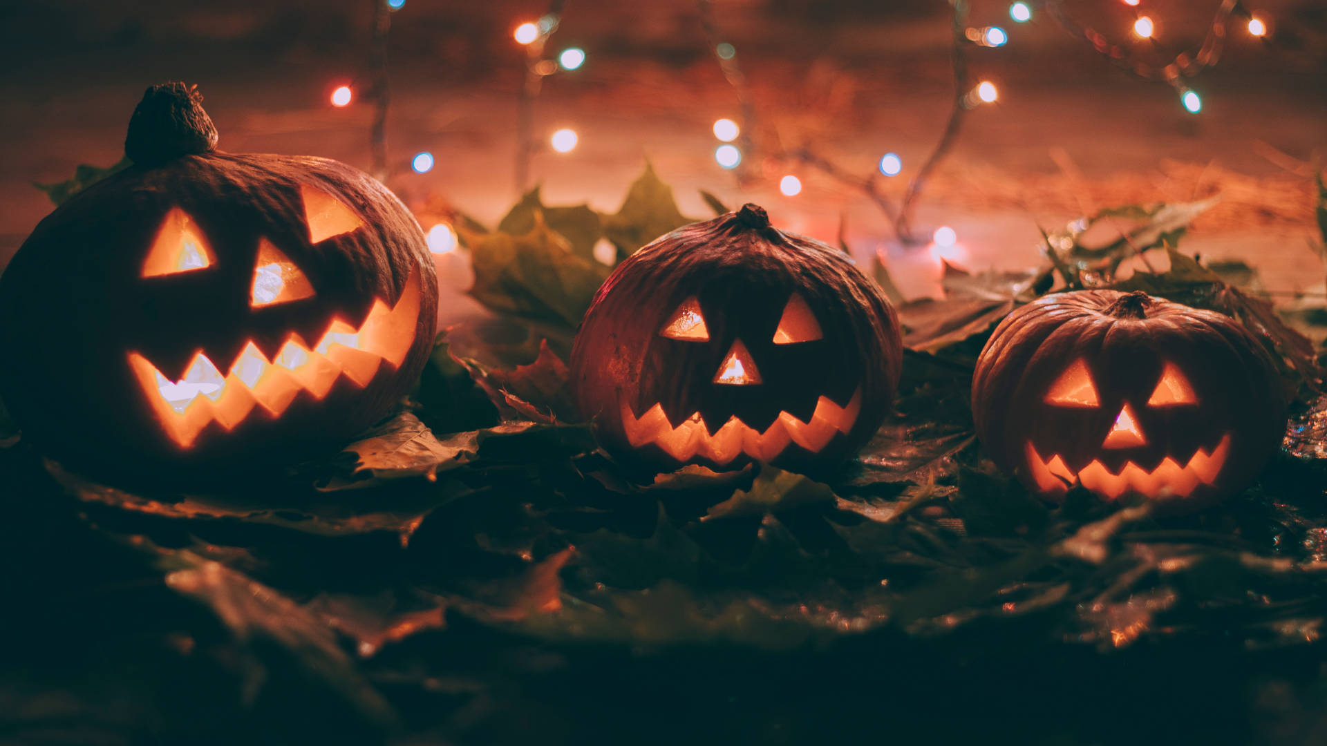 Spooky Season, jack-o'-lanterns, fallen leaves, Full HD Desktop Wallpaper