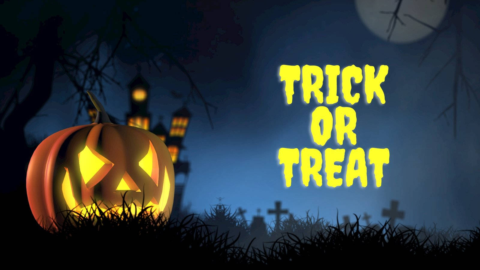 jack-o'-lantern, haunted house, full moon, HD Desktop Wallpaper