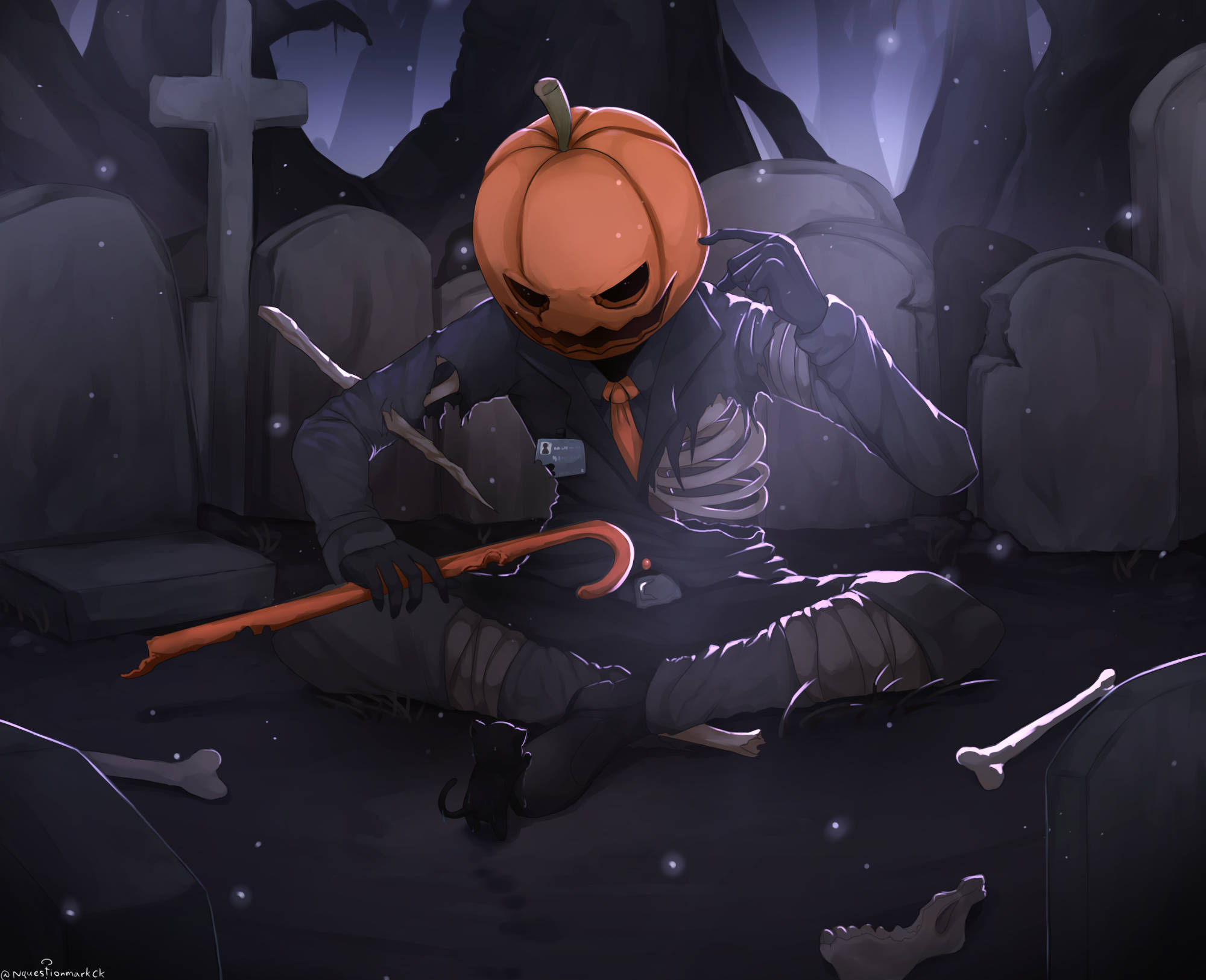 pumpkin-headed figure, tattered suit, moonlit graveyard, Full HD Desktop Wallpaper