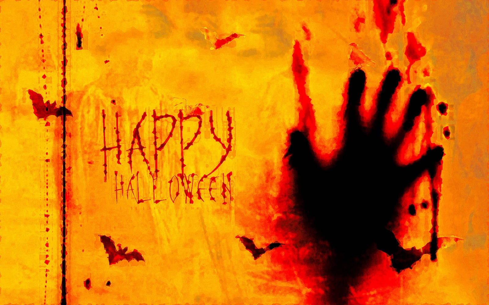 fiery orange wall, red blood-like stains, black handprint, HD Desktop Wallpaper