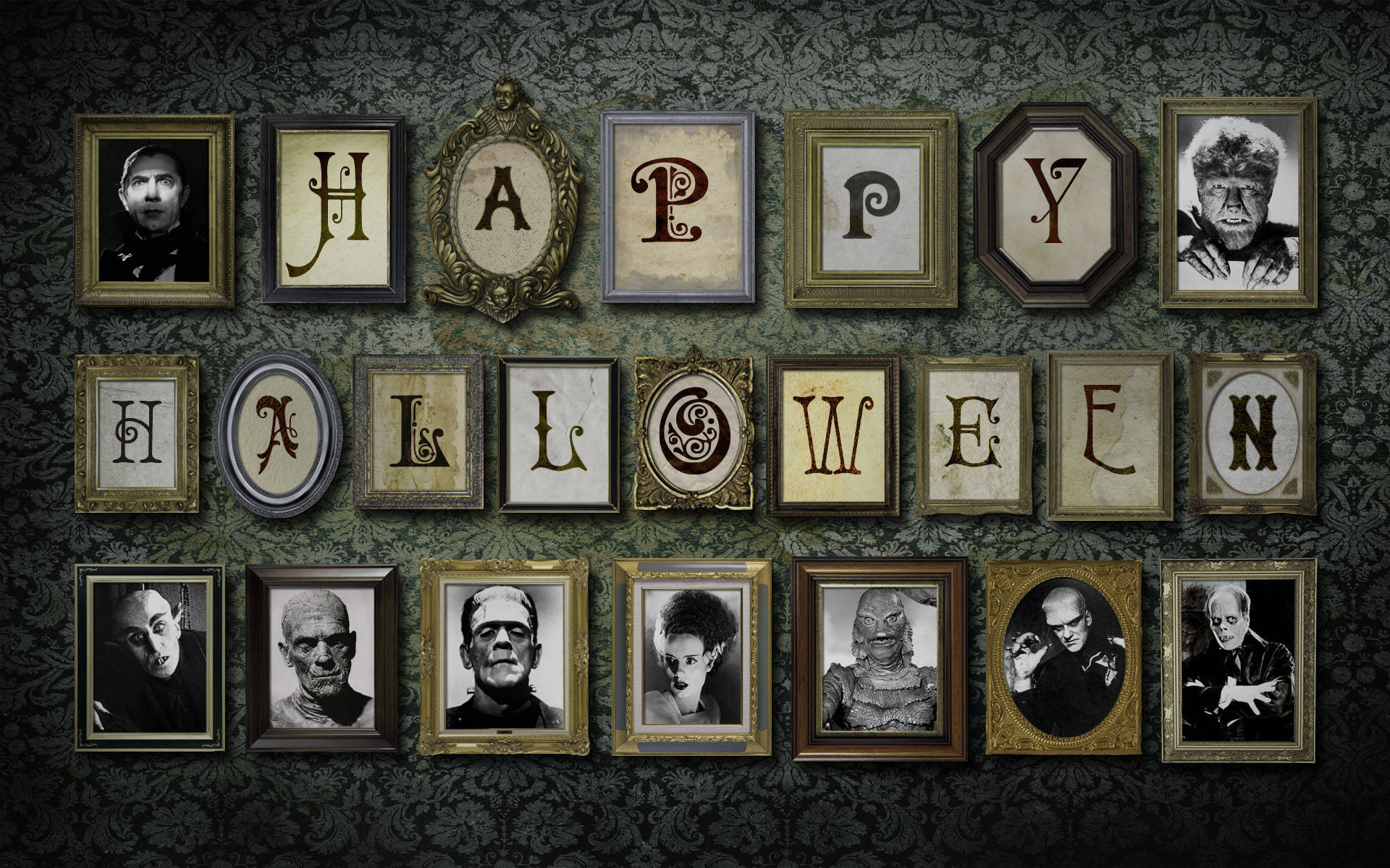Spooky Season, Happy Halloween, vintage framed portraits, Full HD Desktop Wallpaper
