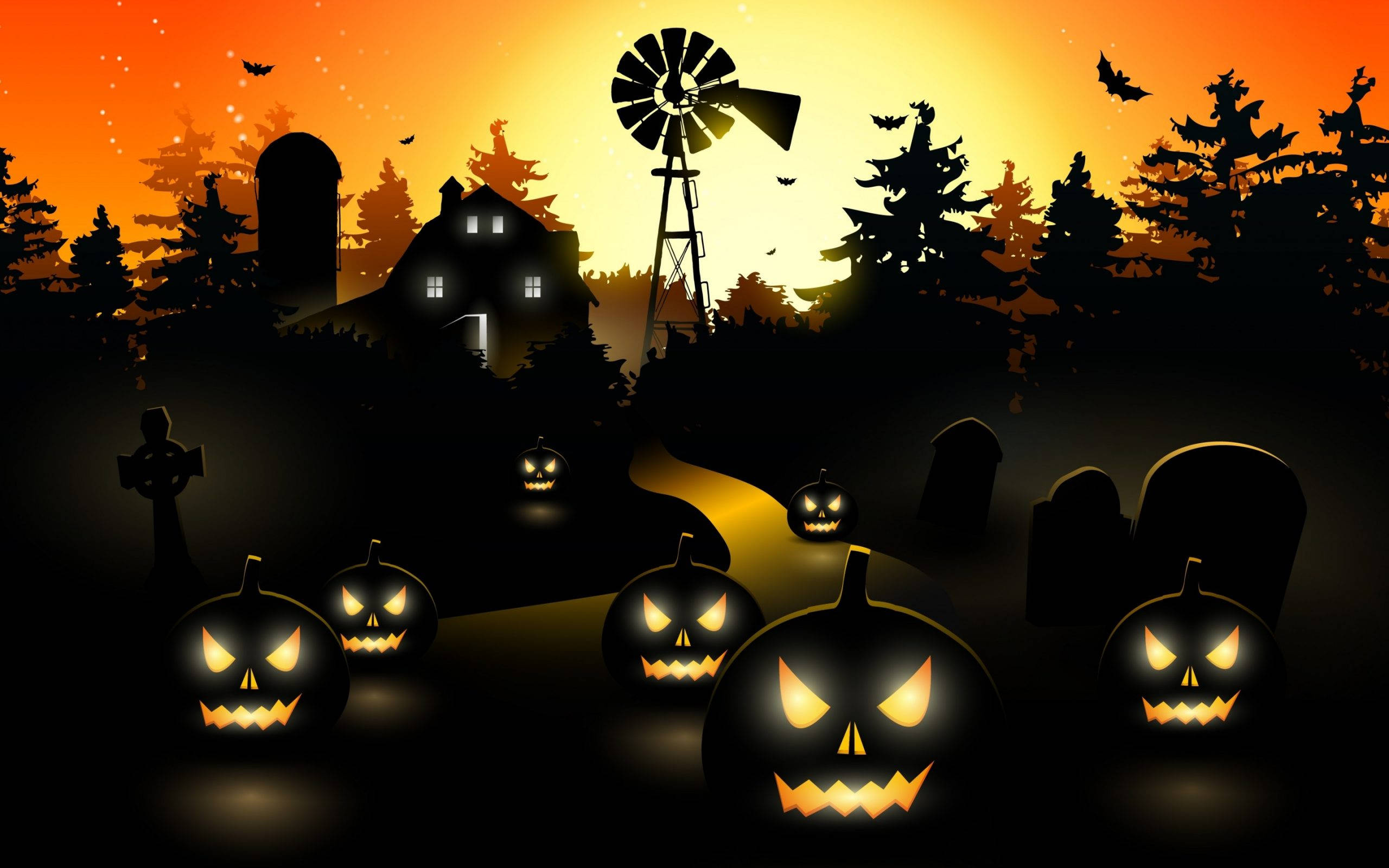 Spooky Season, jack-o'-lanterns, graveyard, 2K Desktop Wallpaper