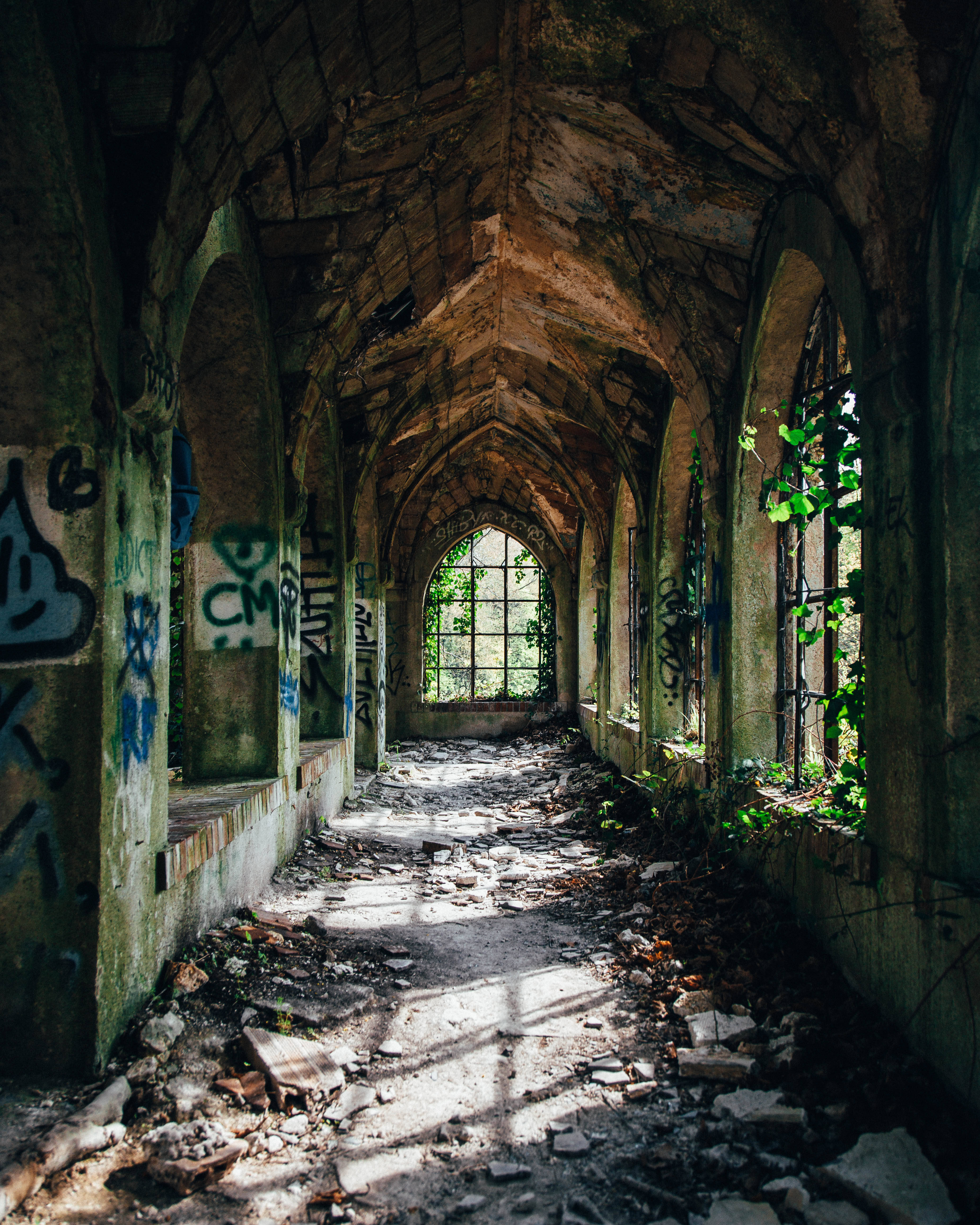 Paranormal Spooky Hallway Ruins, gothic corridor, broken windows, 5K Phone Wallpaper