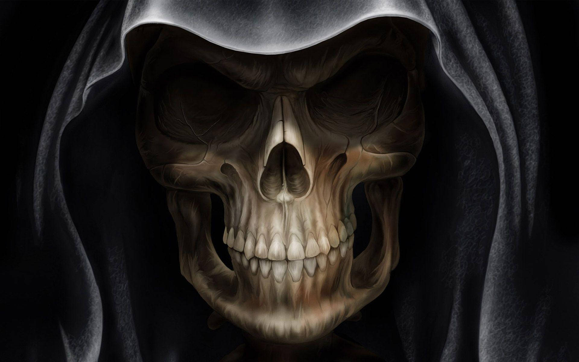 skeletal grim reaper, tattered hood, black background, Full HD Desktop Wallpaper