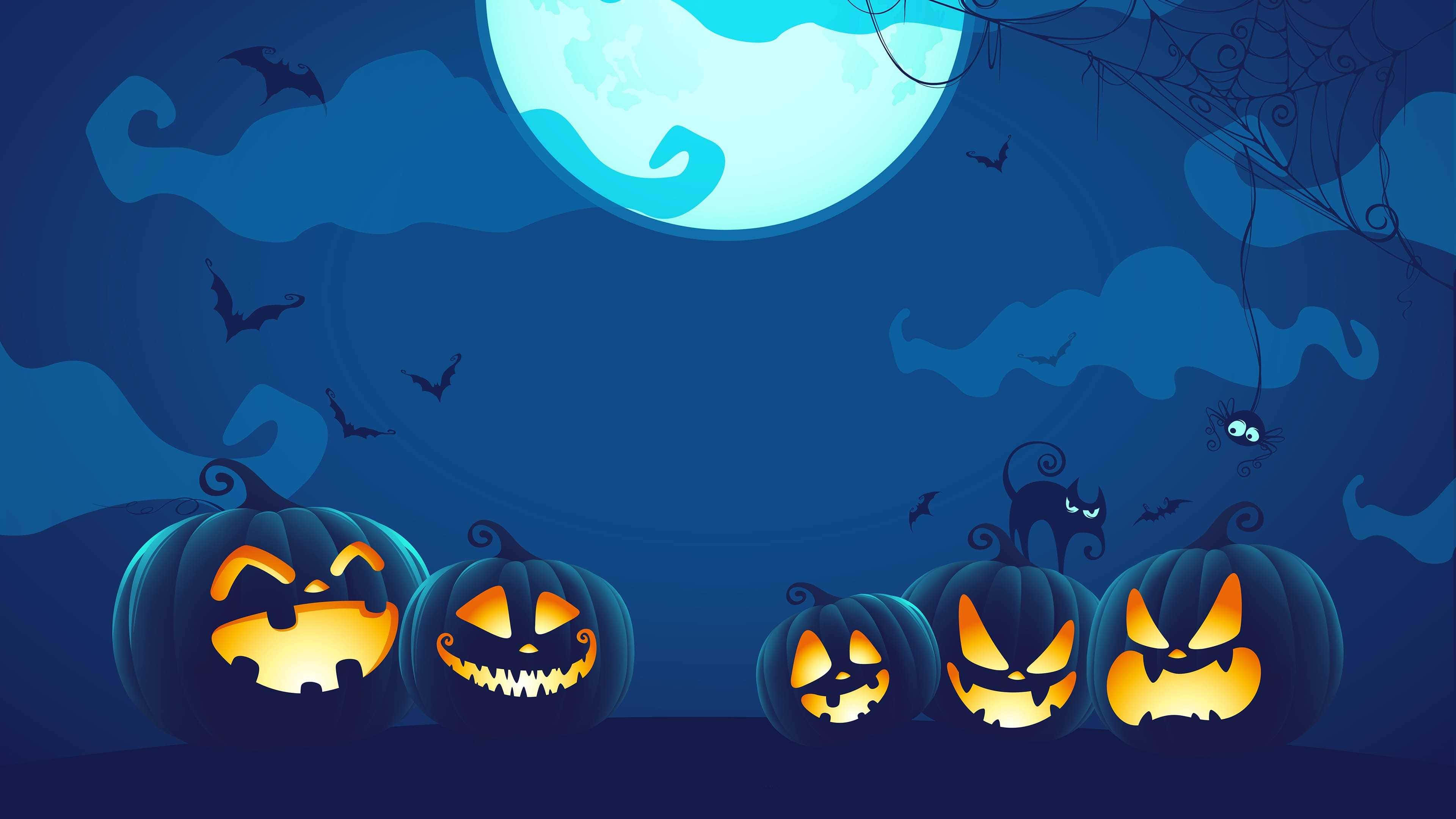 jack-o'-lanterns, menacing faces, full moon, 4K Desktop Wallpaper