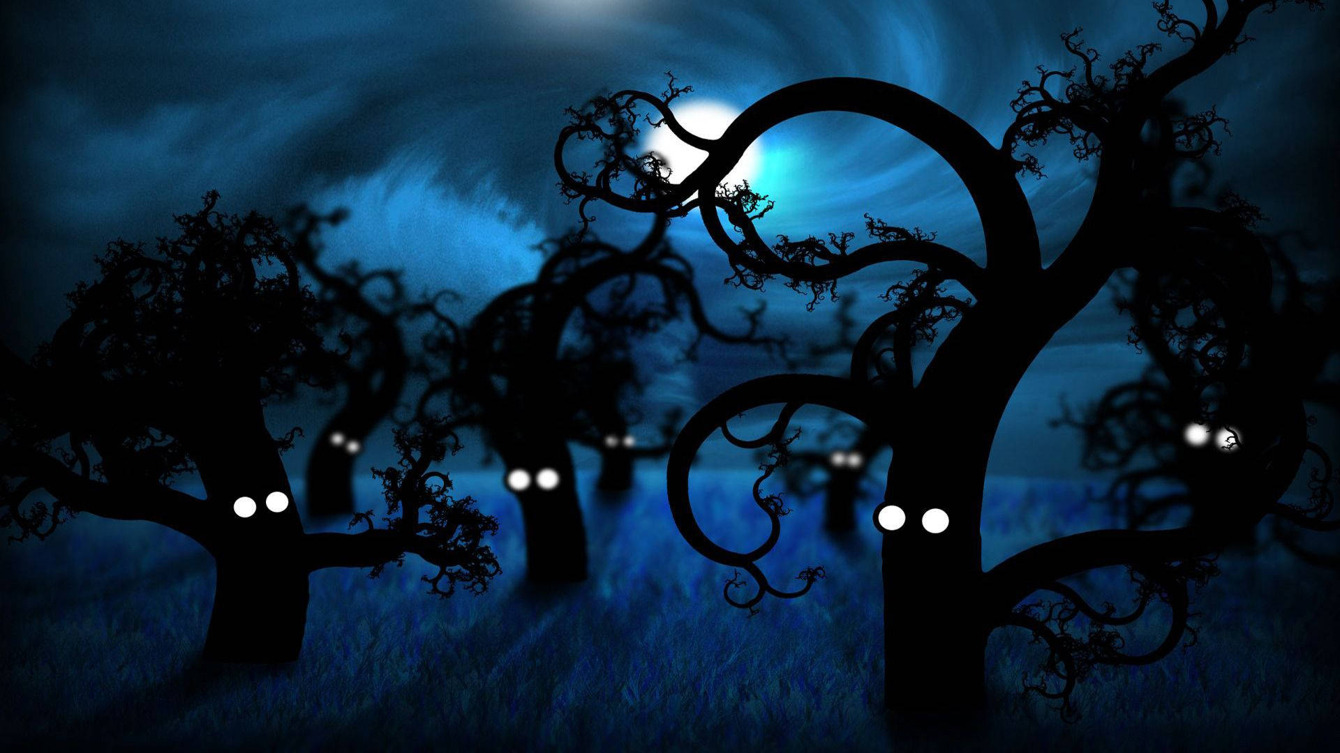 twisted trees, glowing eyes, moonlit blue forest, Full HD Desktop Wallpaper