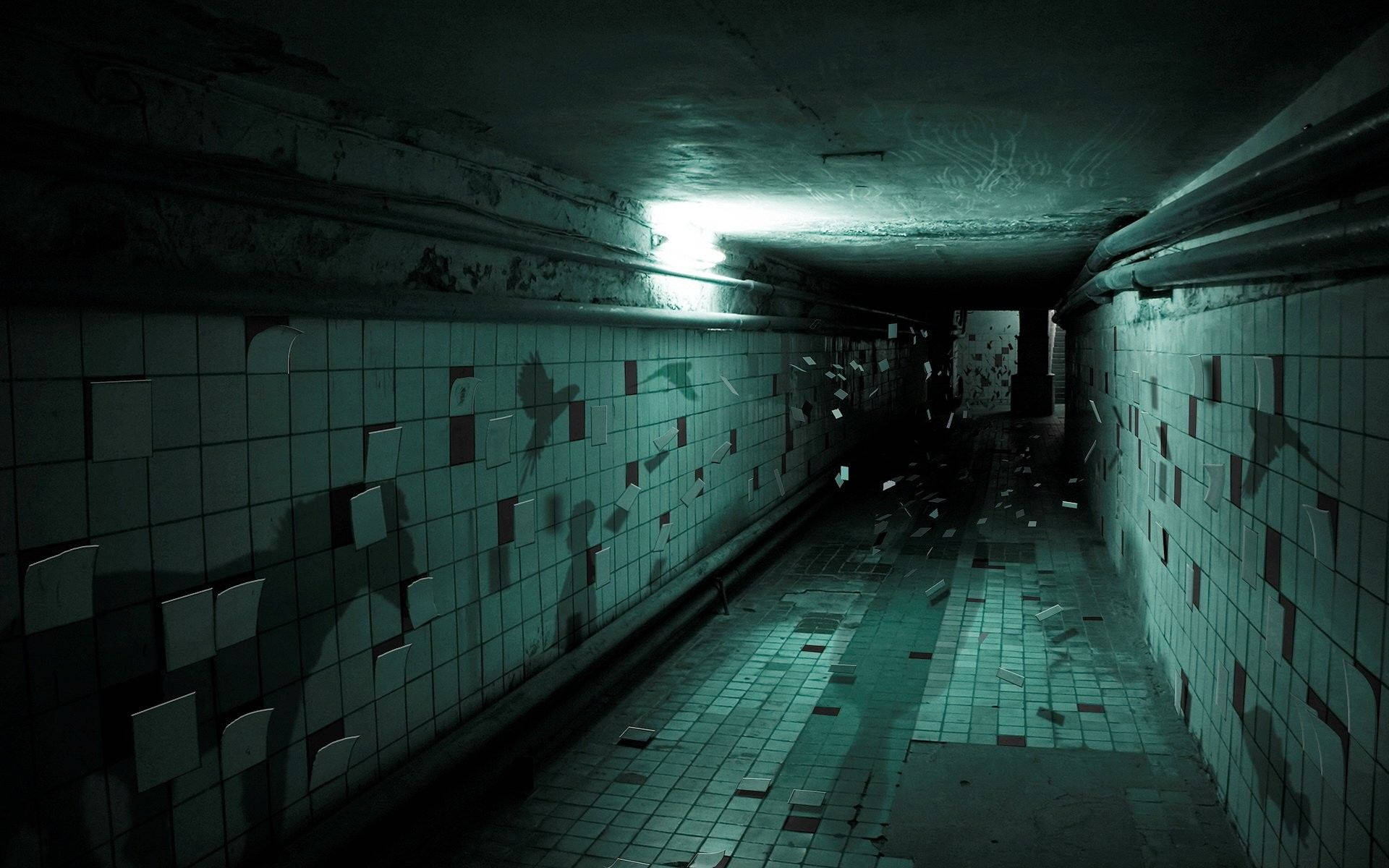 abandoned subway tunnel, cracked tiled walls, overhead light, Full HD Desktop Wallpaper
