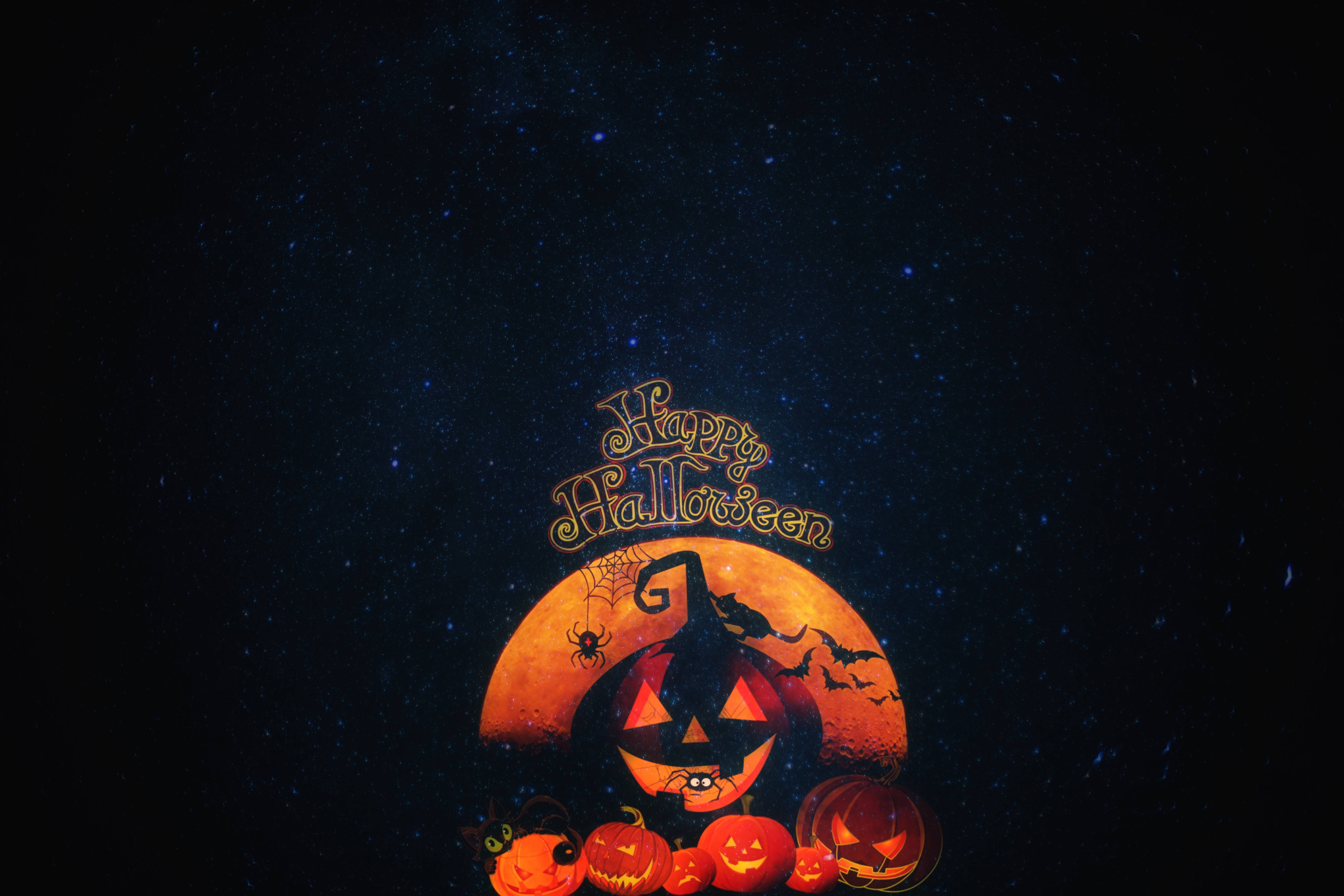 jack-o'-lantern moon, witch silhouette, bats, 5K Desktop Wallpaper