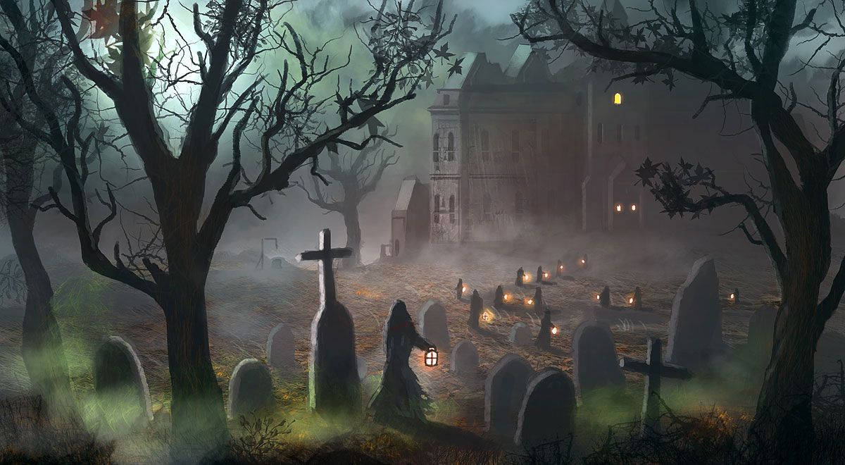 haunted cemetery, ghostly figure, lantern, SD Desktop Wallpaper