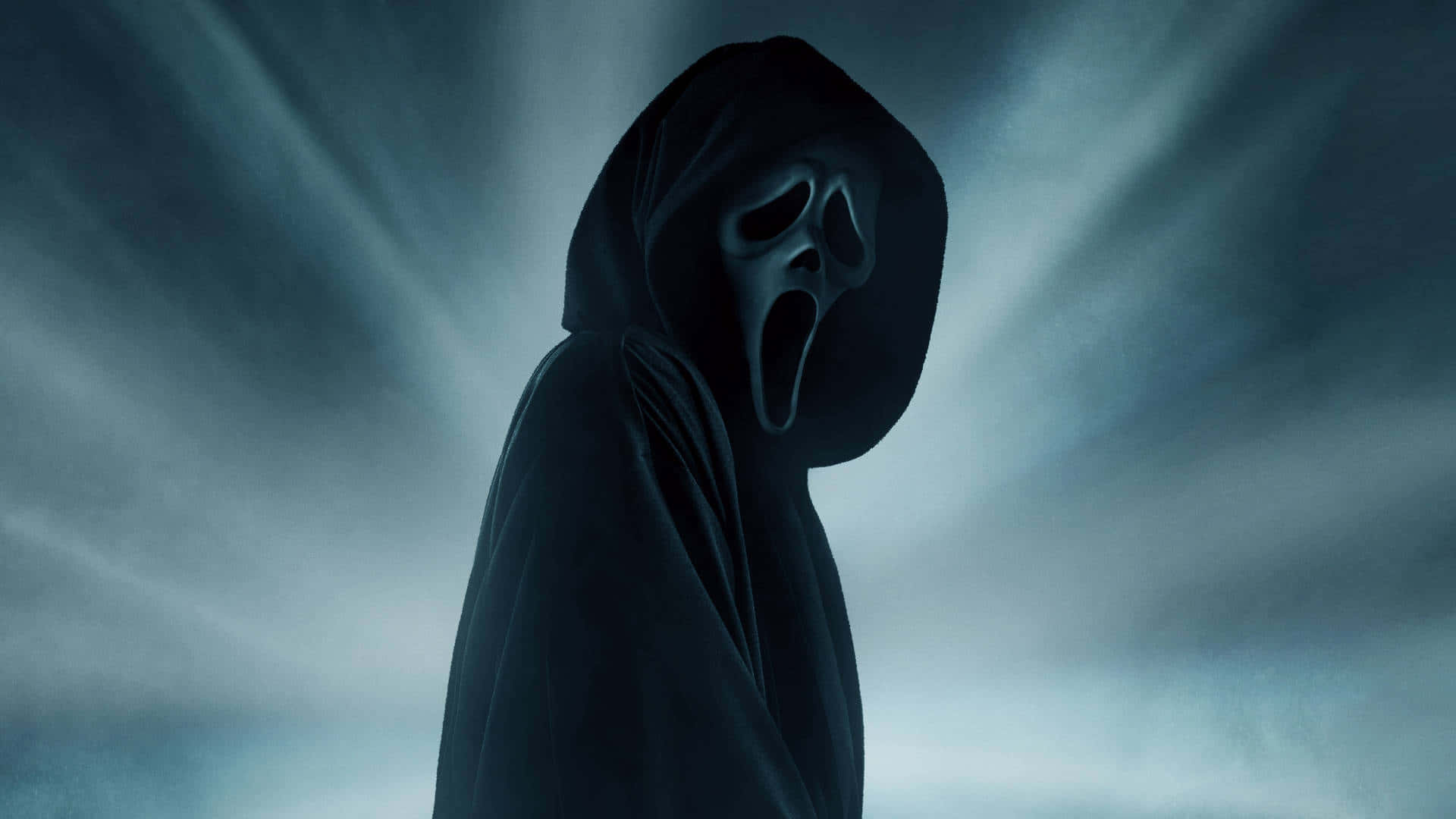 Backlight Ghost Face PFP, hooded figure, white screaming mask, Full HD Desktop Wallpaper