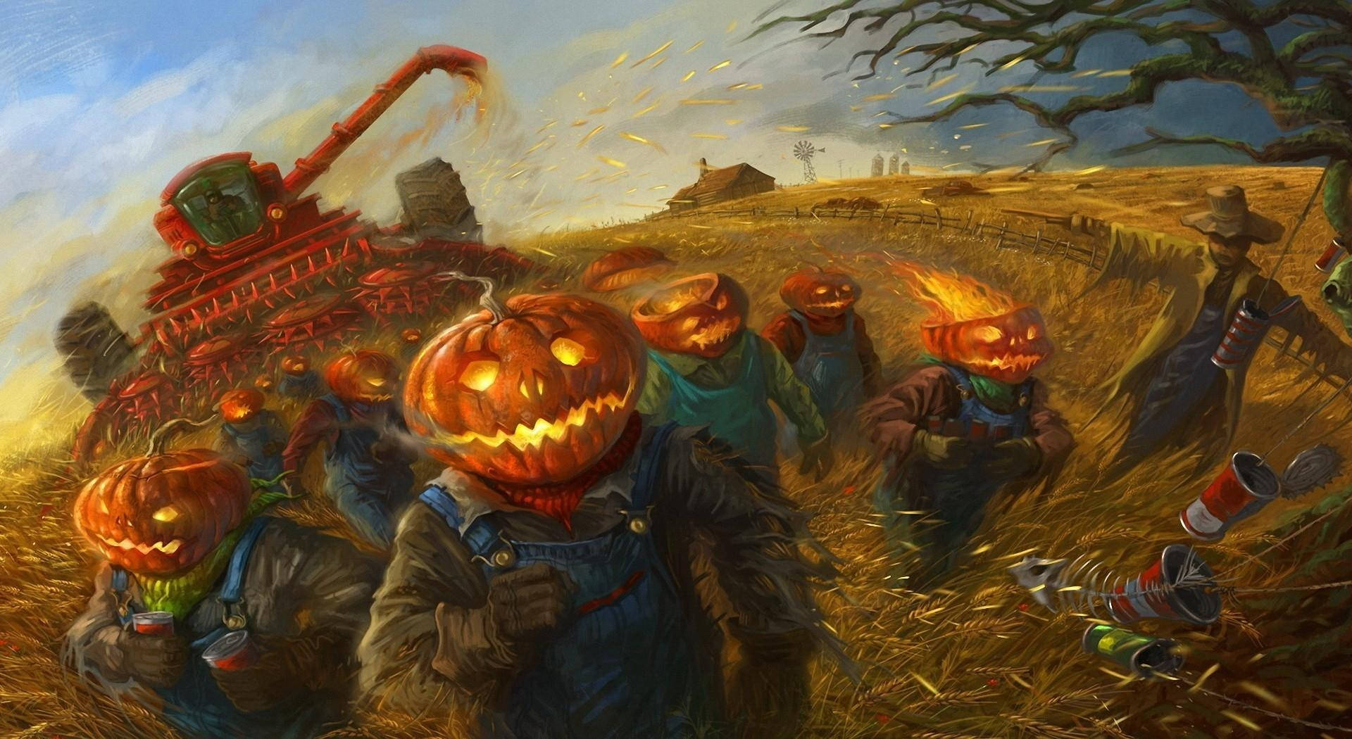 pumpkin-headed scarecrows, overalls, golden wheat field, Full HD Desktop Wallpaper