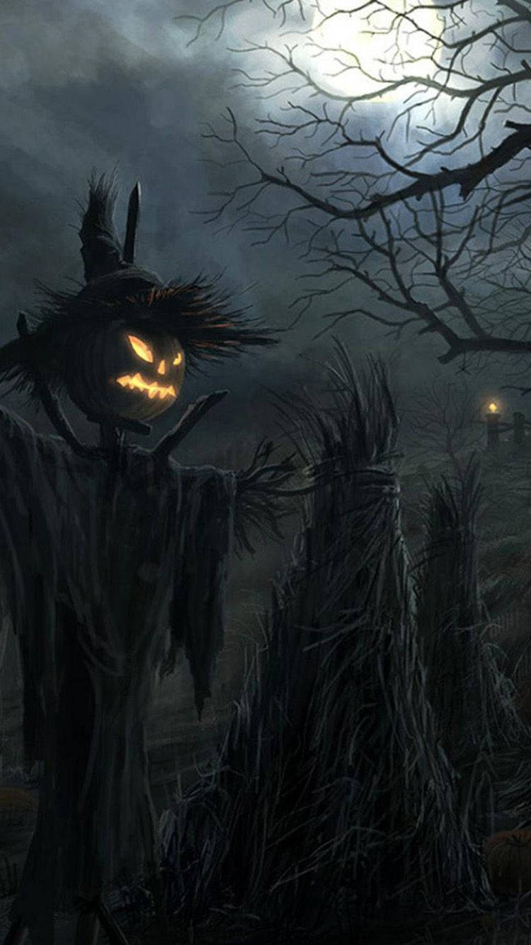spooky pumpkin scarecrow, glowing jack-o'-lantern, misty graveyard, HD Phone Wallpaper