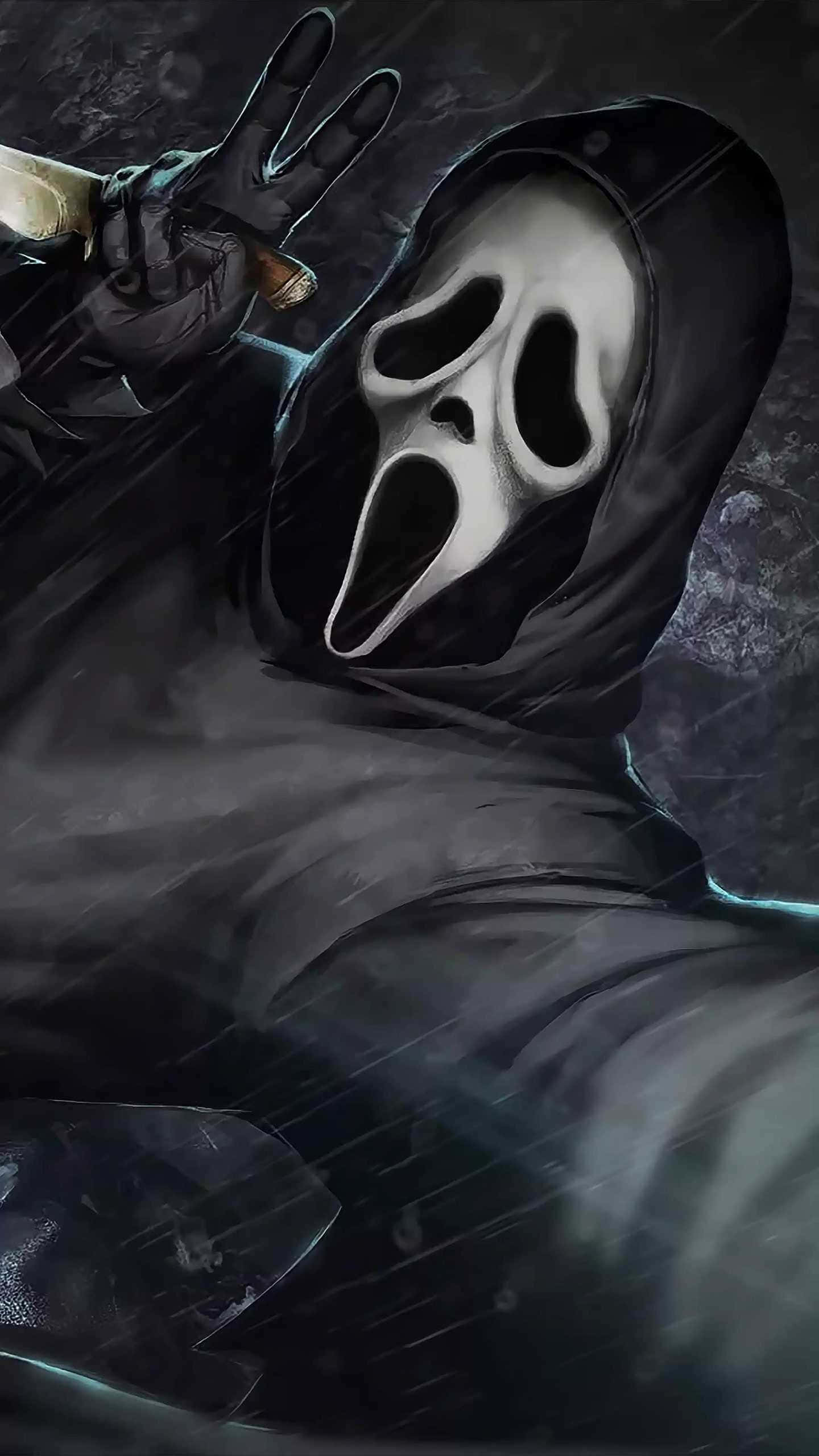 ghost face mask, hooded figure, knife, 2K Phone Wallpaper