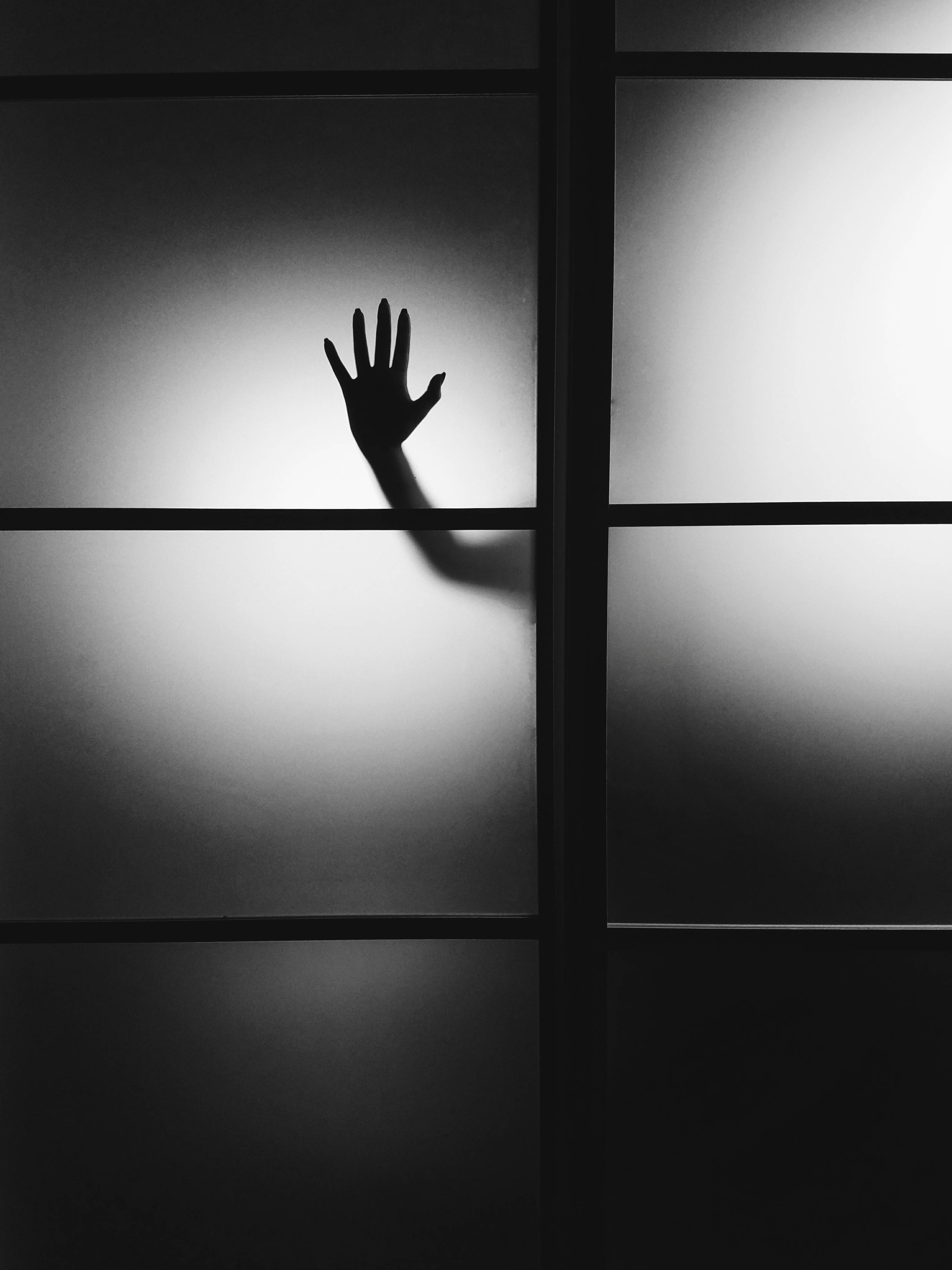 paranormal hand, paneled glass door, black and white silhouette, 4K Phone Wallpaper