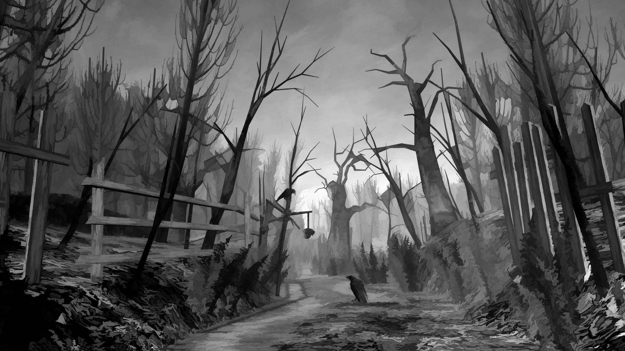 Spooky Pixelated Forest, monochrome path, desolate forest, 2K Desktop Wallpaper
