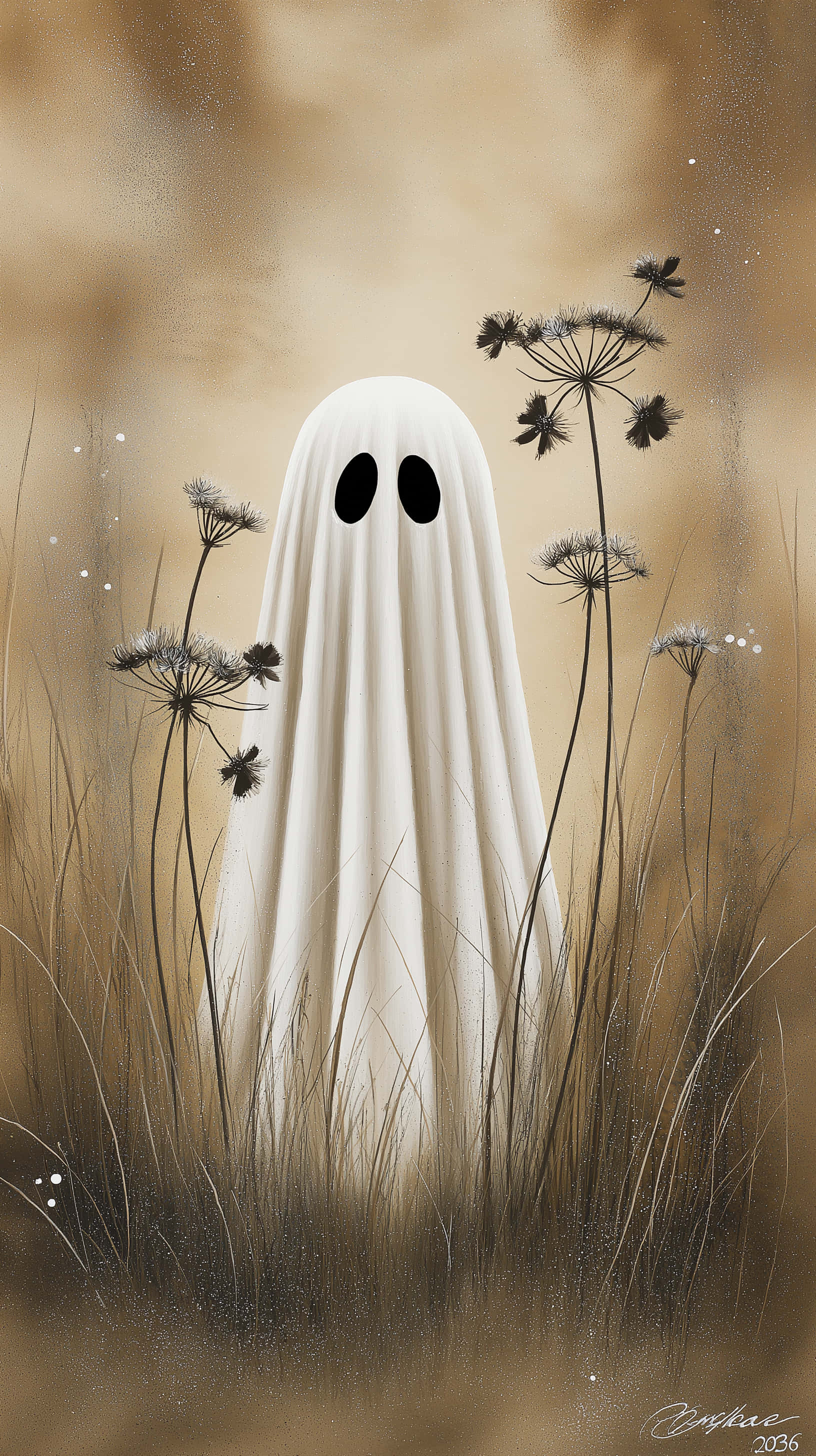 solemn ghost figure, textured field, tall golden grass, 2K Phone Wallpaper