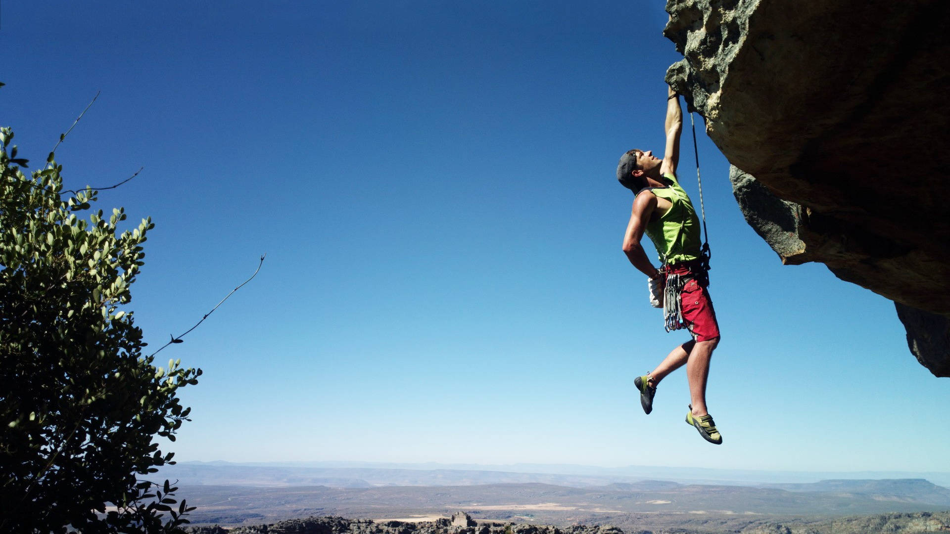 one handed hang sport climbing, green tank top, rocky overhang, Full HD Desktop Wallpaper