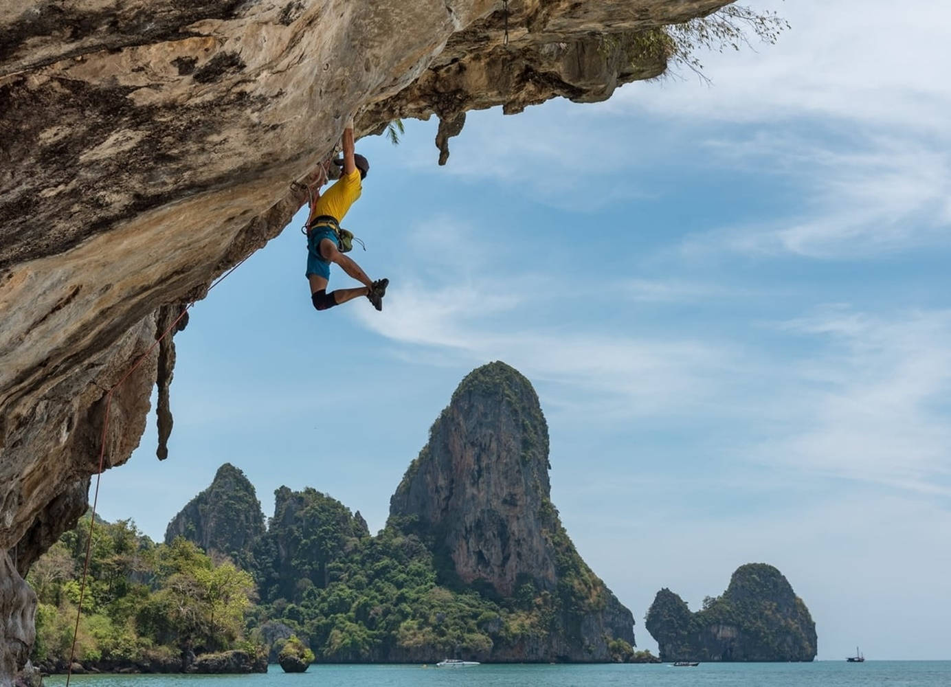 yellow shirt, limestone cliff, turquoise water, HD Desktop Wallpaper