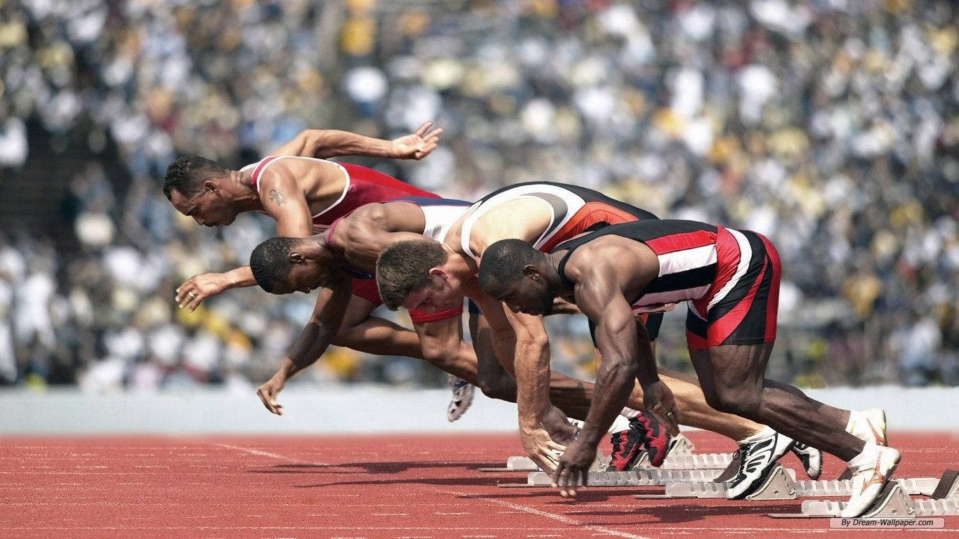 sprinters, starting blocks, red track, HD Desktop Wallpaper
