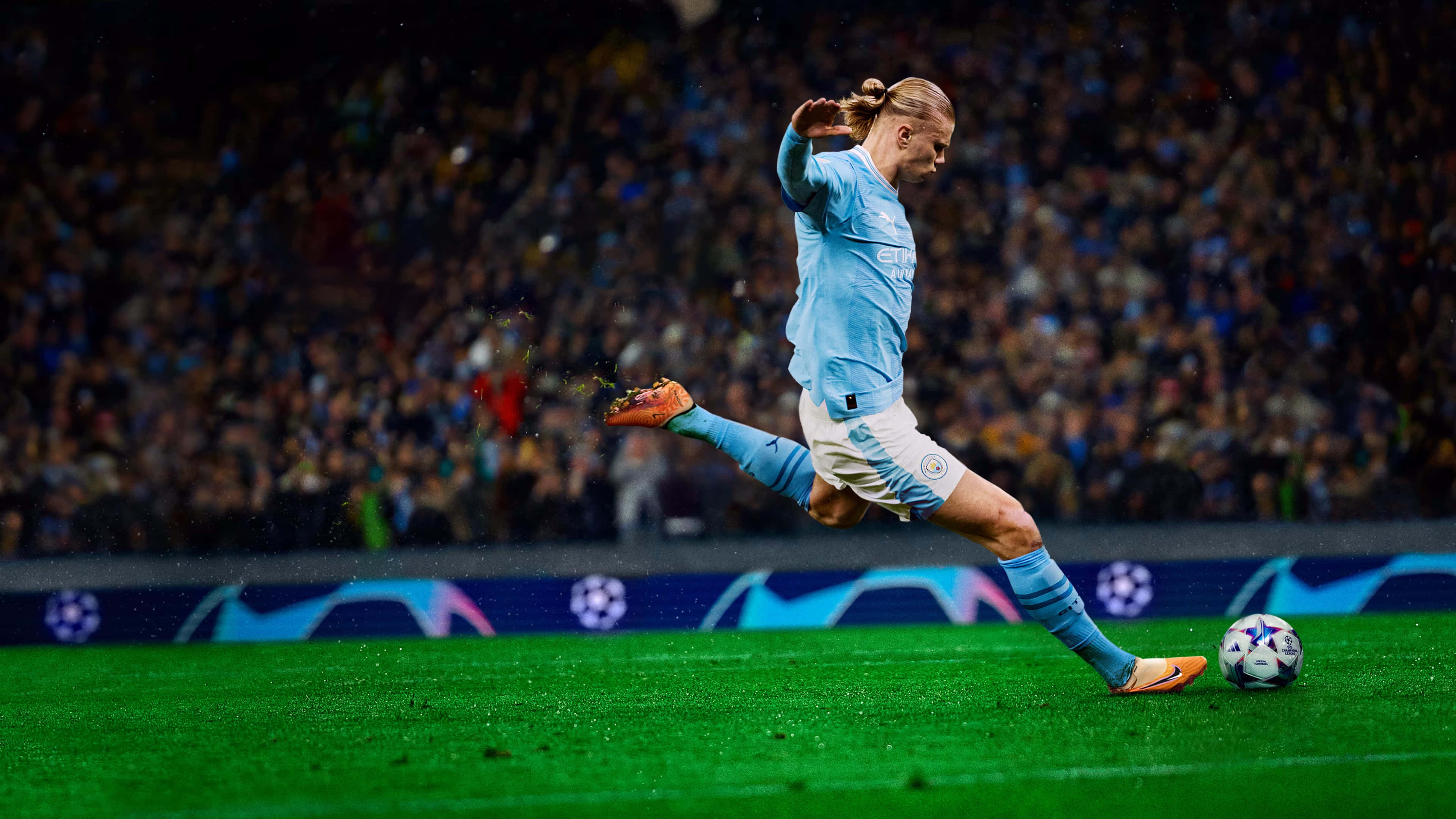 soccer player, light blue jersey, vibrant green pitch, 4K Desktop Wallpaper