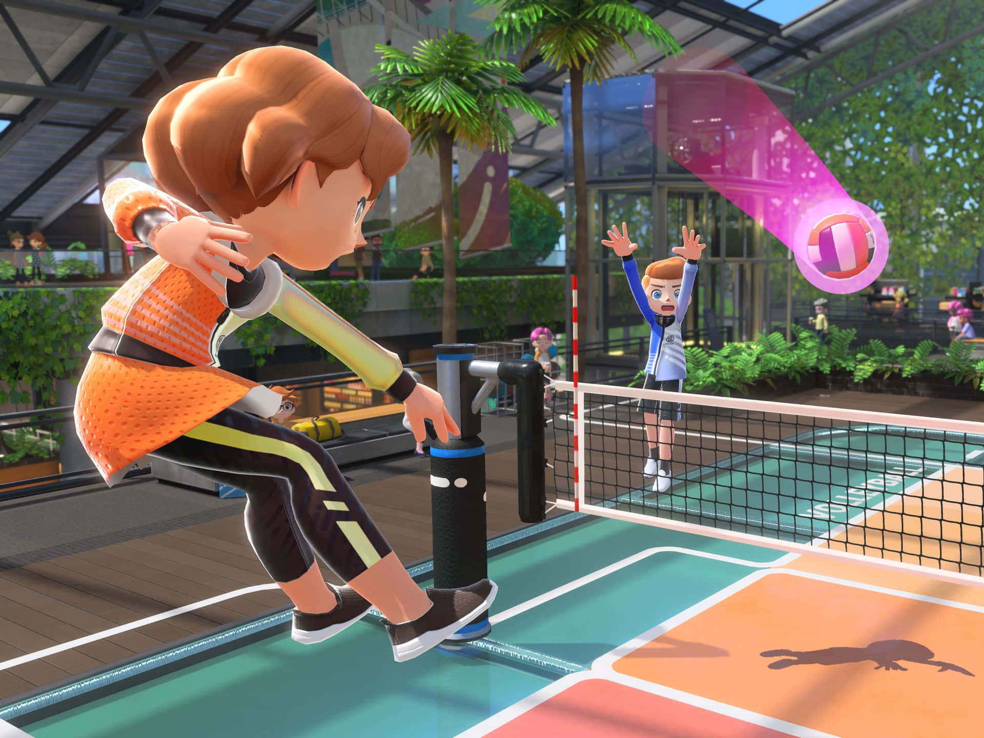 orange jumpsuit, glowing pink volleyball, colorful indoor court, Full HD Desktop Wallpaper