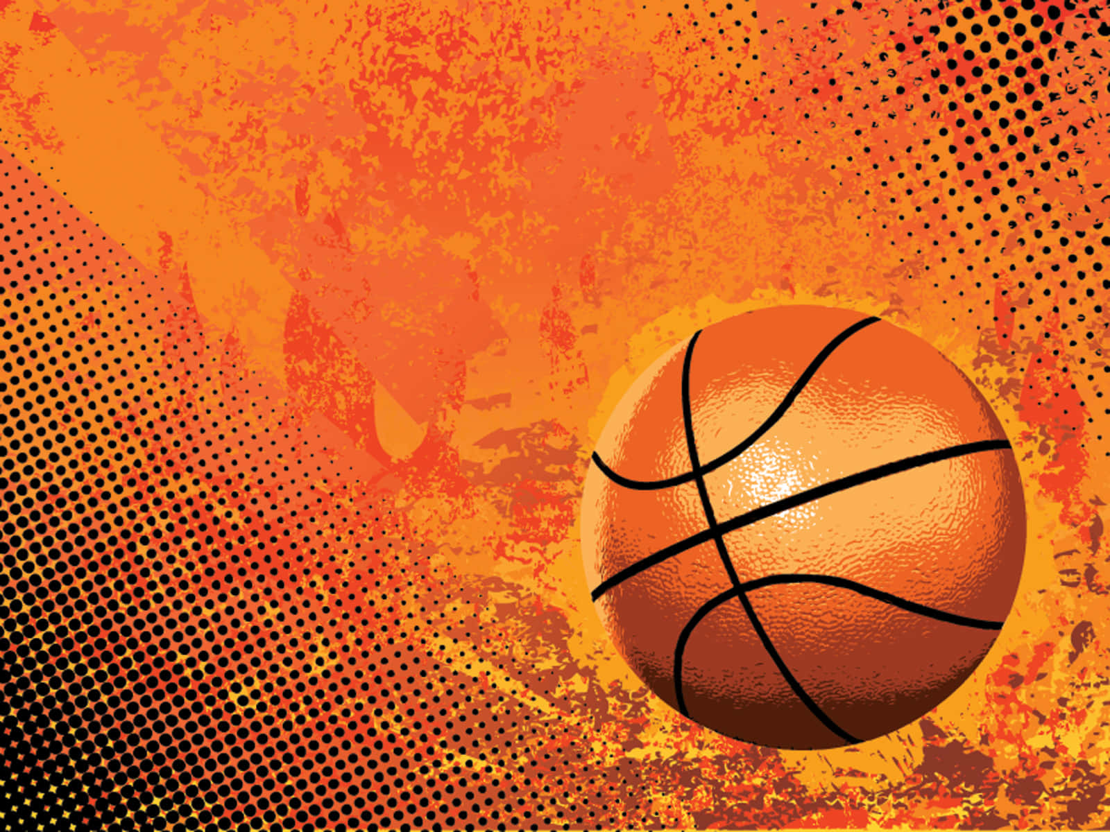 orange basketball, fiery gradient background, halftone dot patterns, HD Desktop Wallpaper