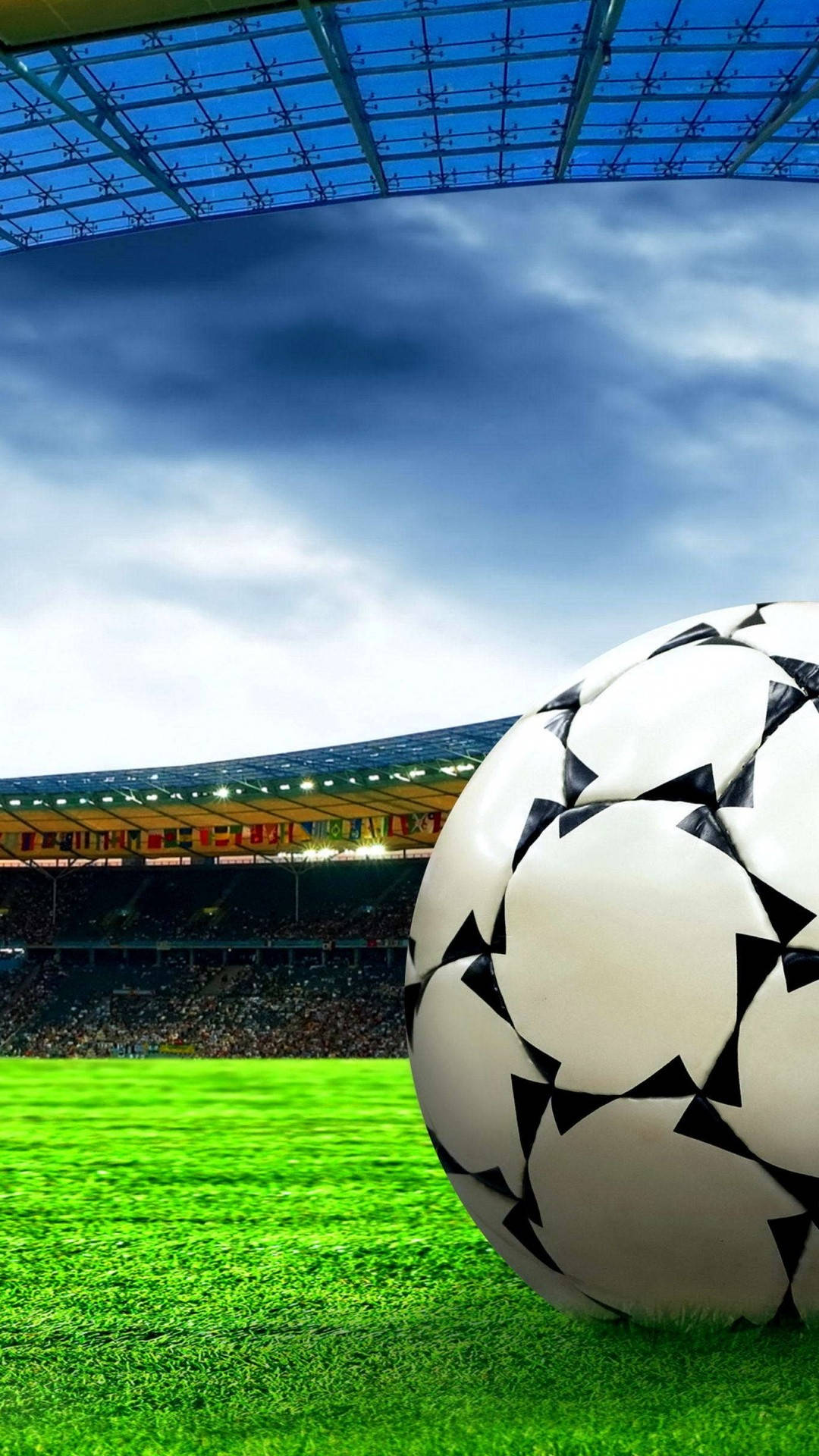 black and white soccer ball, vibrant green grass, dramatic cloudy sky, Full HD Phone Wallpaper