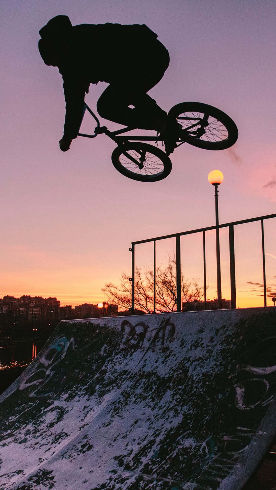 bmx rider, graffiti-covered ramp, vibrant sunset sky, Full HD Phone Wallpaper