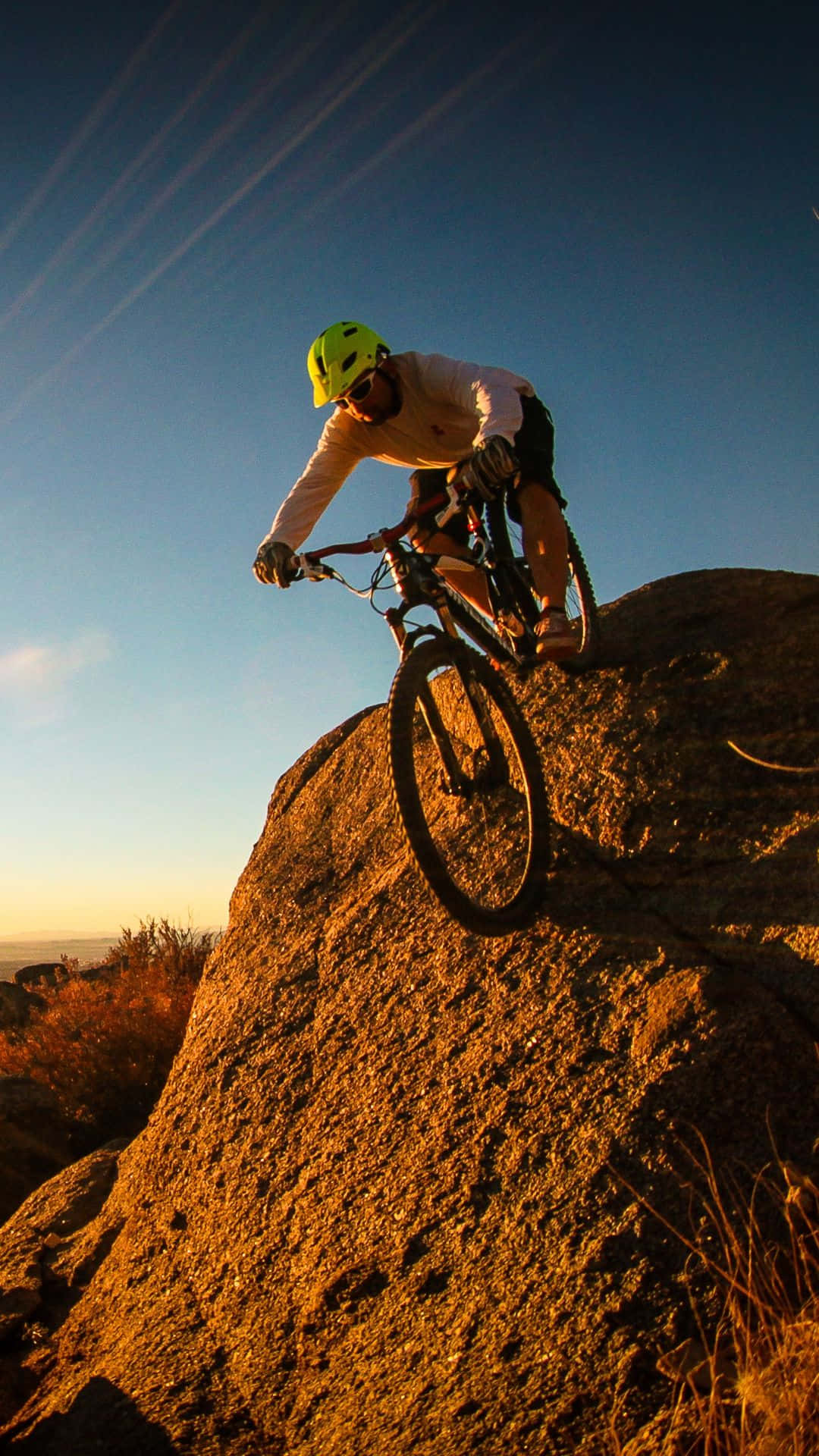 Mountain Biking, bright yellow helmet, rocky ridge, Full HD Phone Wallpaper