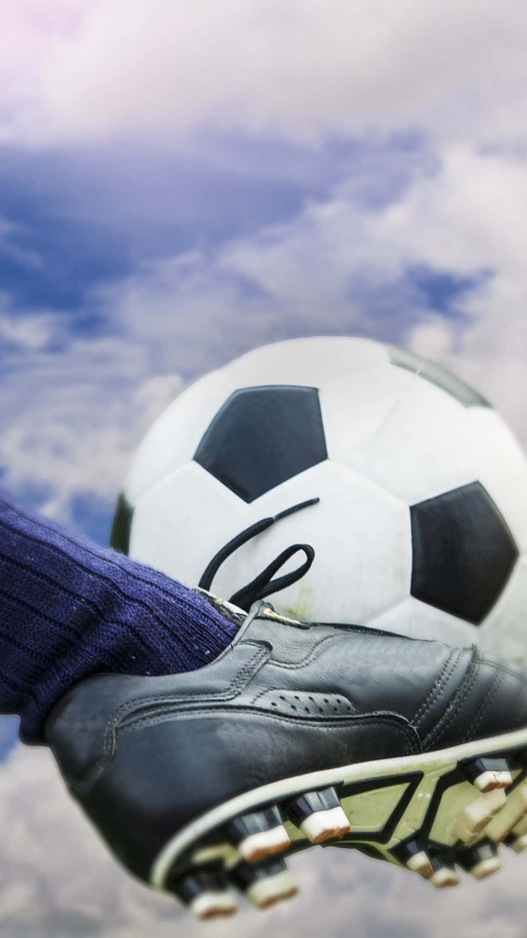 black soccer cleat, classic black and white soccer ball, cloudy sky background, Full HD Phone Wallpaper