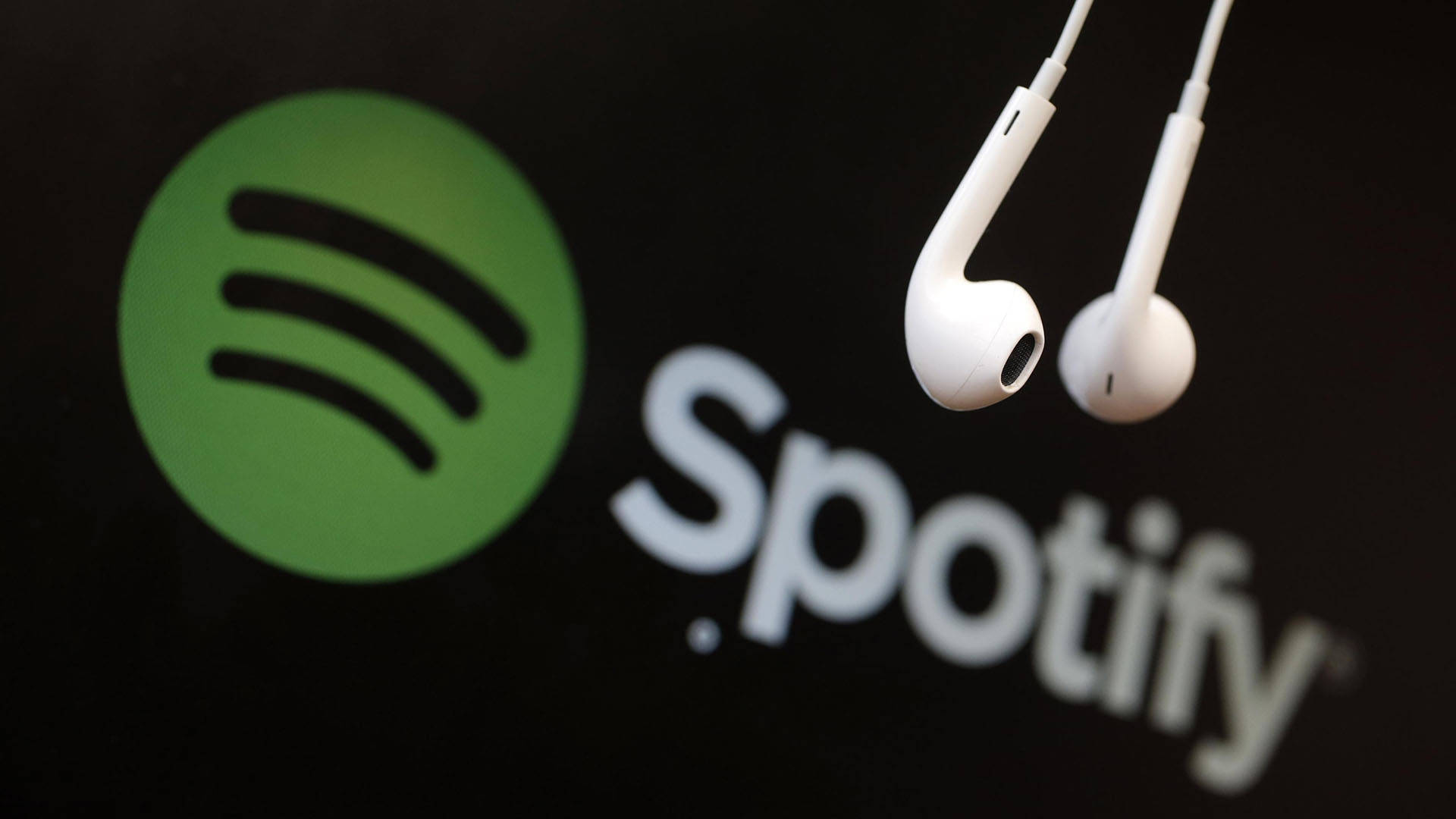 Spotify logo, white earbuds, glowing, Full HD Desktop Wallpaper