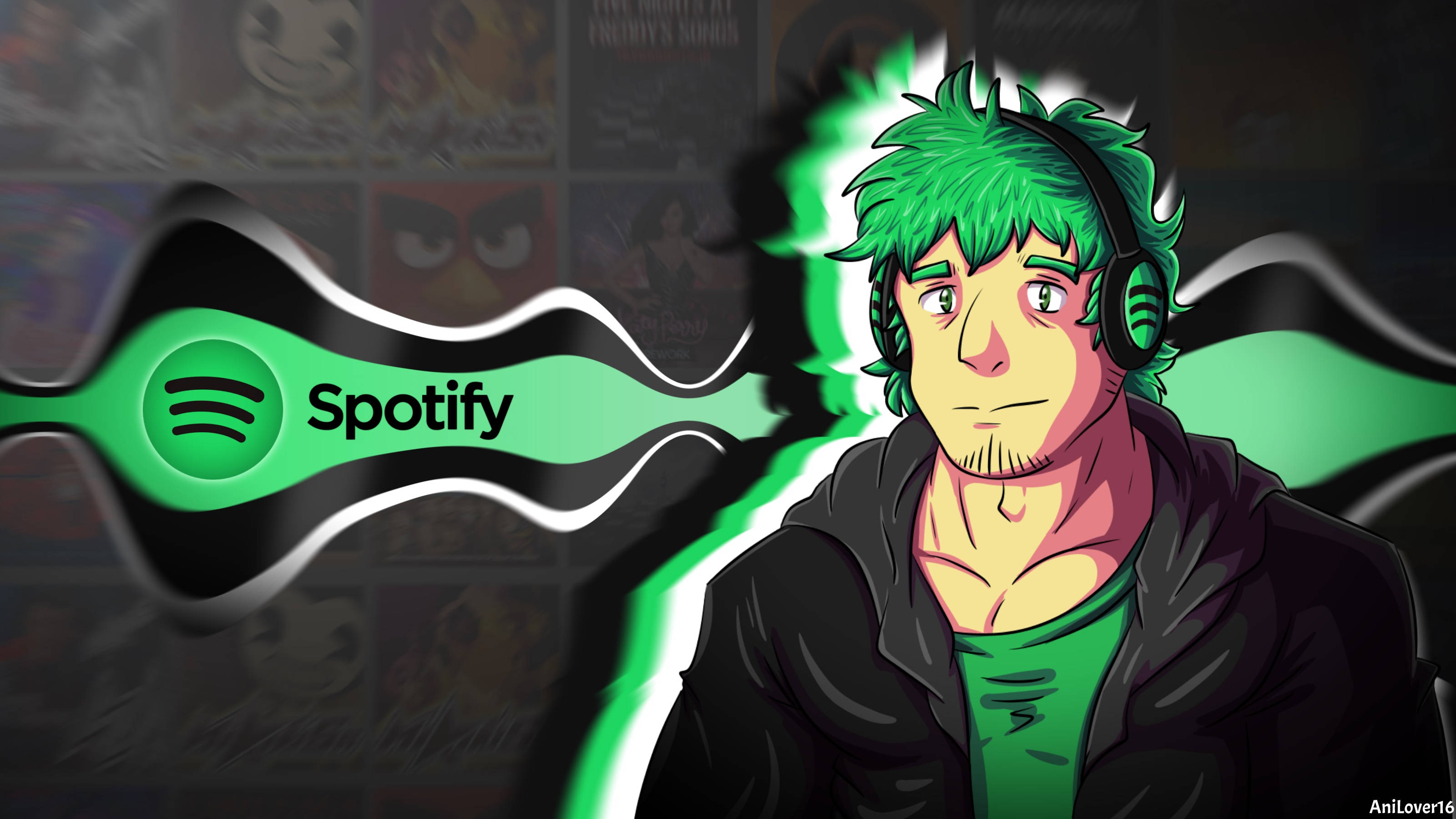 Spotify, green hair, headphones, 2K Desktop Wallpaper