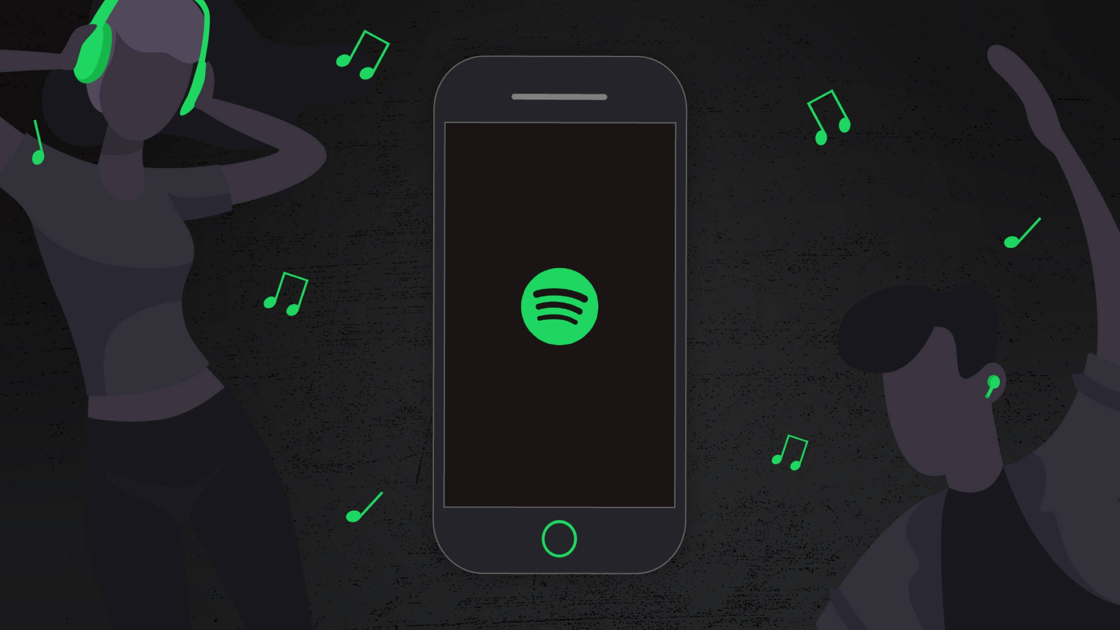 Spotify logo, glowing green headphones, musical notes, Full HD Desktop Wallpaper