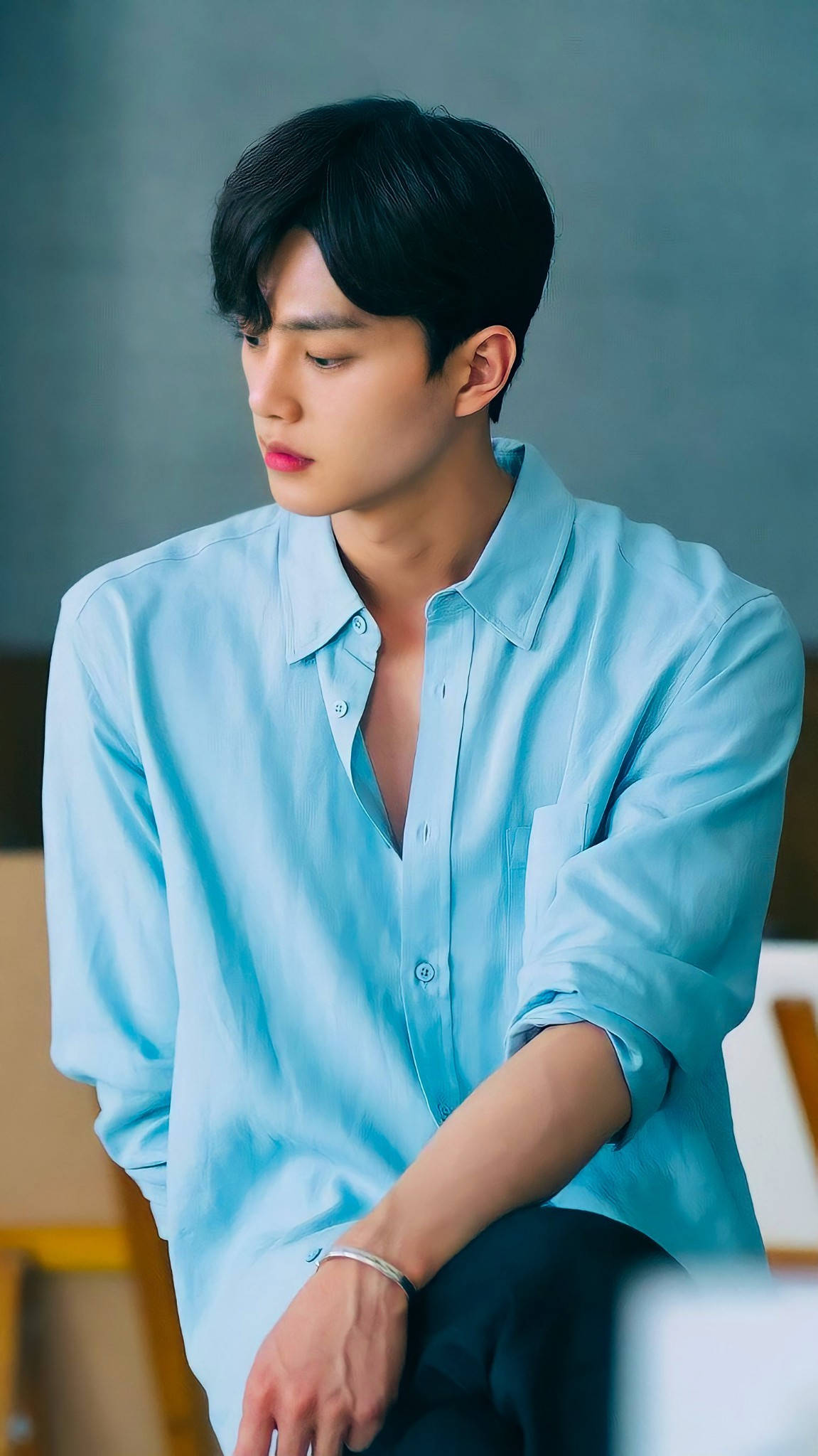 light blue shirt, silver bracelet, muted gray background, Full HD Phone Wallpaper