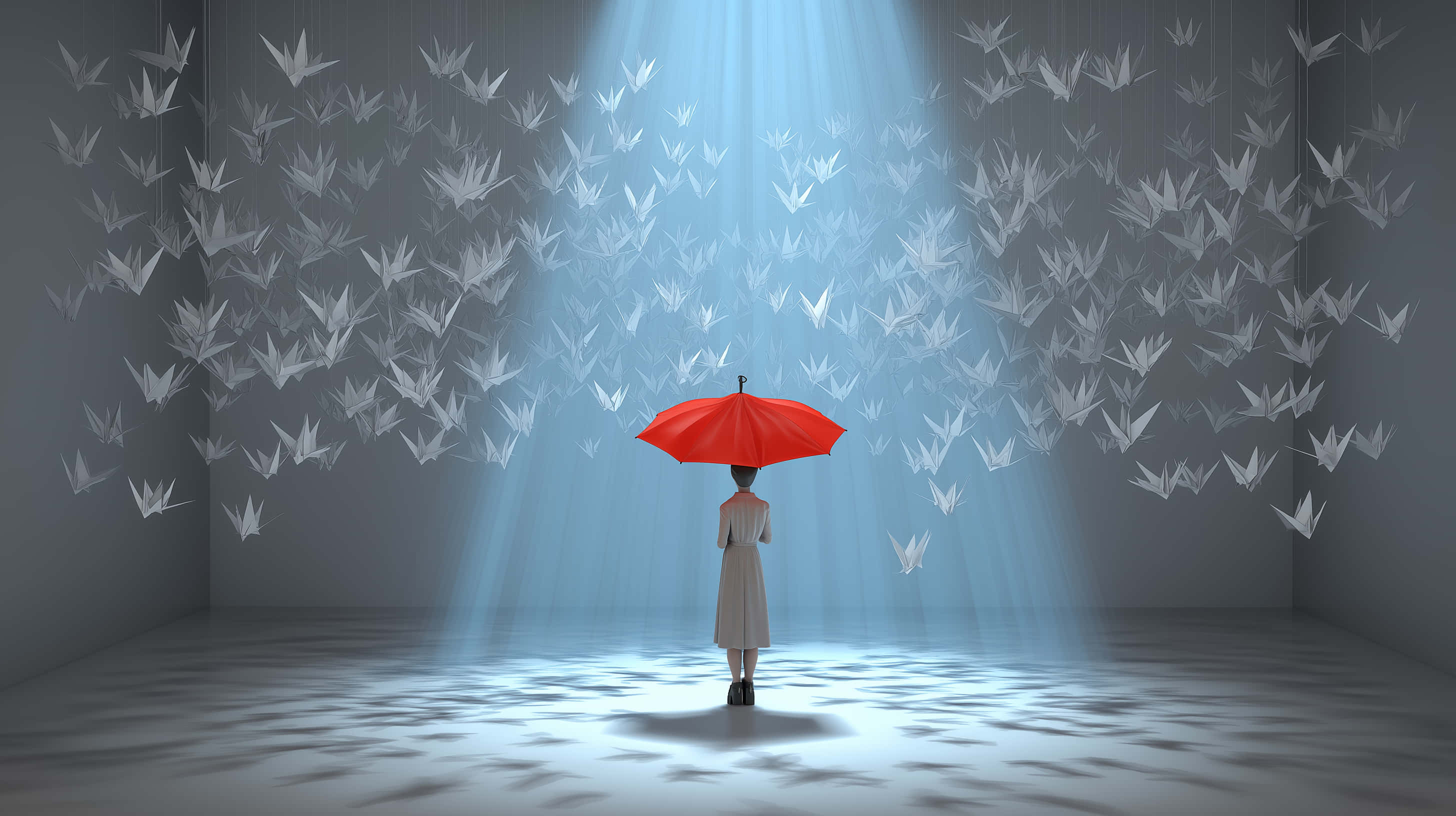 lone figure, red umbrella, spotlight, 2K Desktop Wallpaper