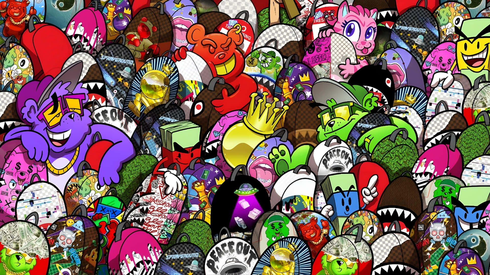 Sprayground, cartoon character collage, vibrant pop art style, Full HD Desktop Wallpaper