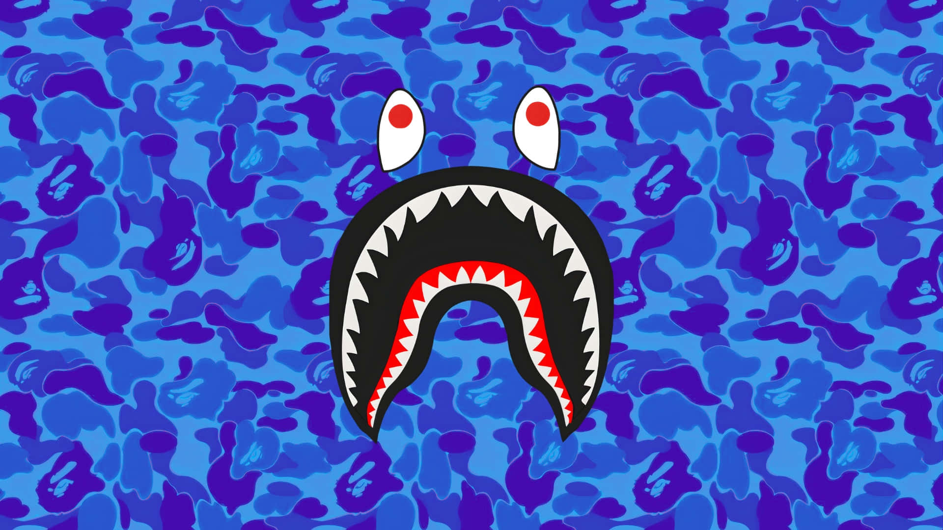 Sprayground, blue camo shark backpack, cartoon shark face, Full HD Desktop Wallpaper