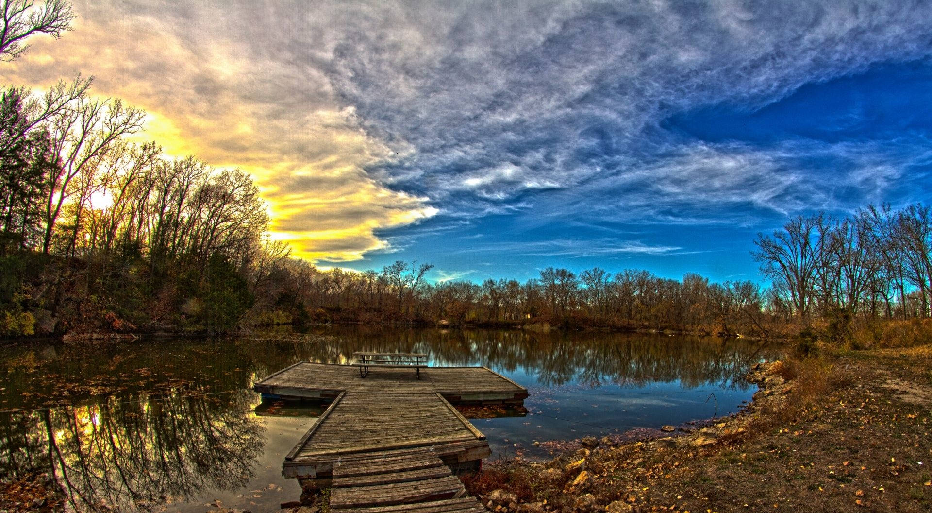 wooden dock, calm lake, dramatic sky, Full HD Desktop Wallpaper