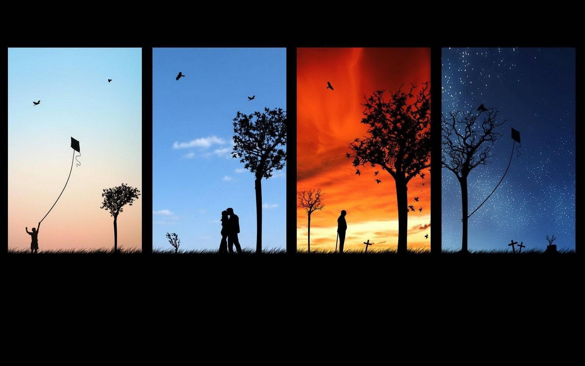Seasons In Life, four vertical panels, silhouettes of people, Full HD Desktop Wallpaper